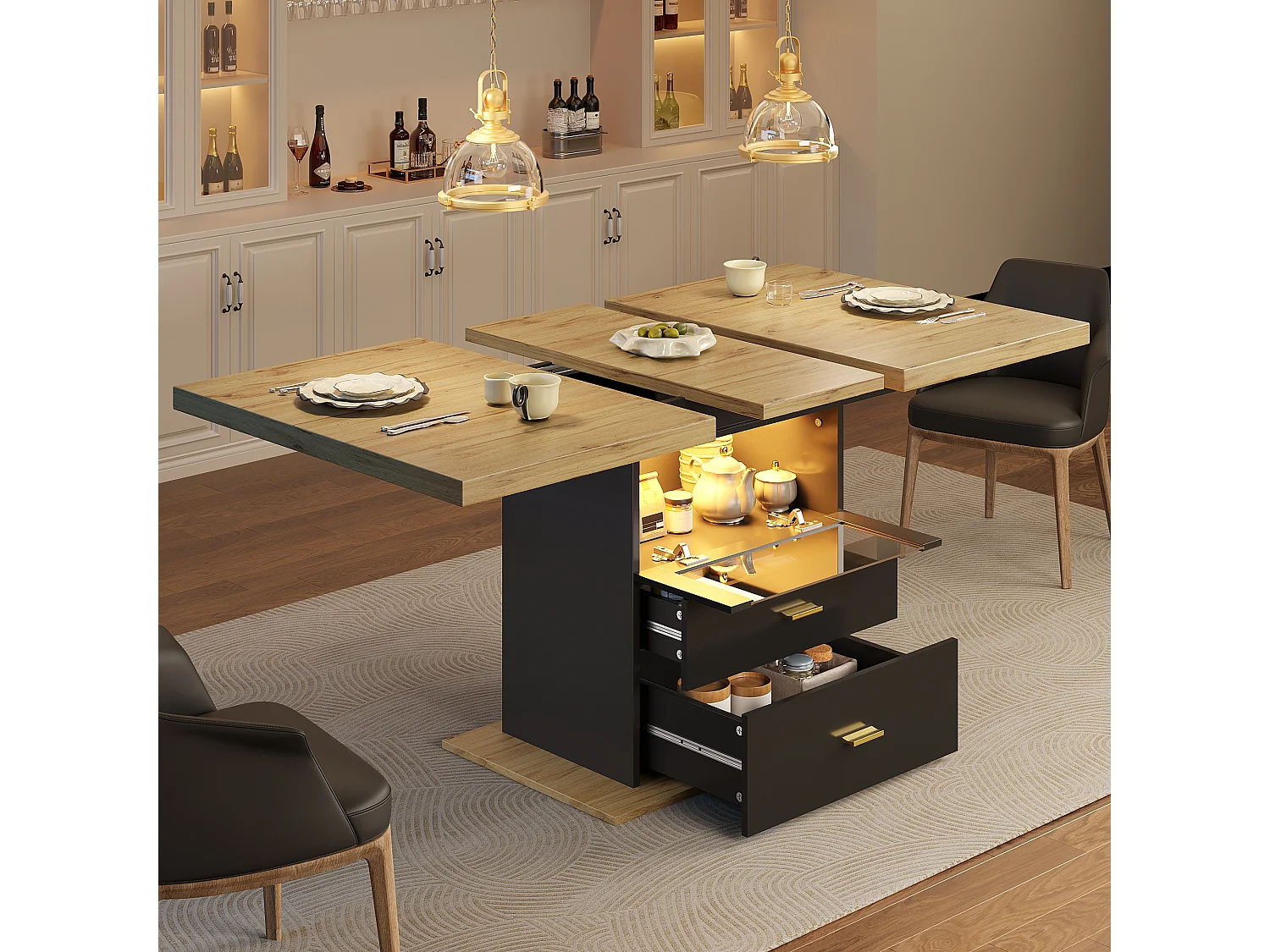 Table à manger extensible 6 places avec Leds - 110/140 x 80 x 75 cm - pour les salles à manger et cuisines - MDF + métal - noir + naturel