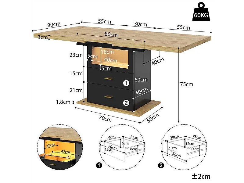 Table à manger extensible 6 places avec Leds - 110/140 x 80 x 75 cm - pour les salles à manger et cuisines - MDF + métal - noir + naturel