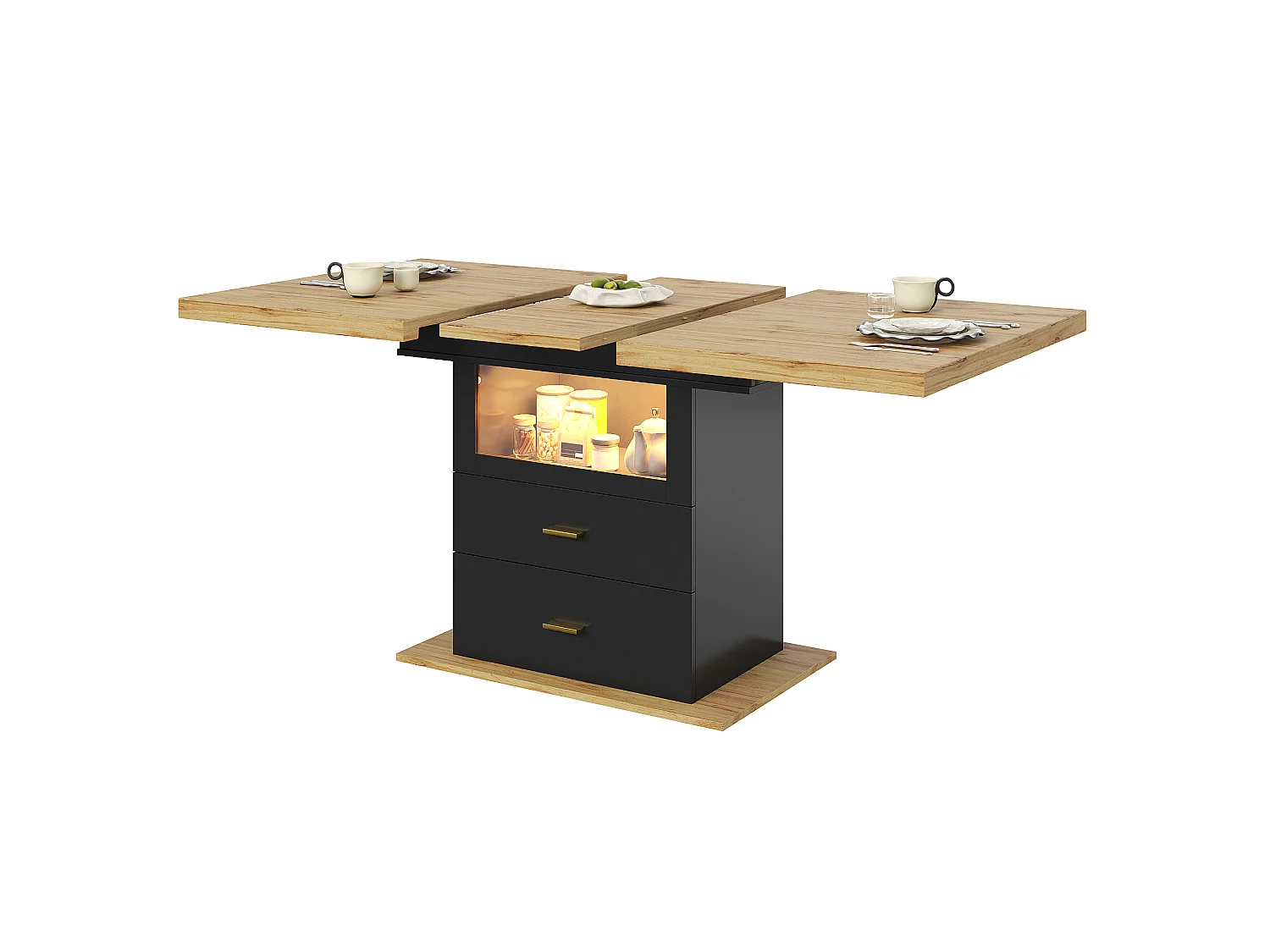 Table à manger extensible 6 places avec Leds - 110/140 x 80 x 75 cm - pour les salles à manger et cuisines - MDF + métal - noir + naturel