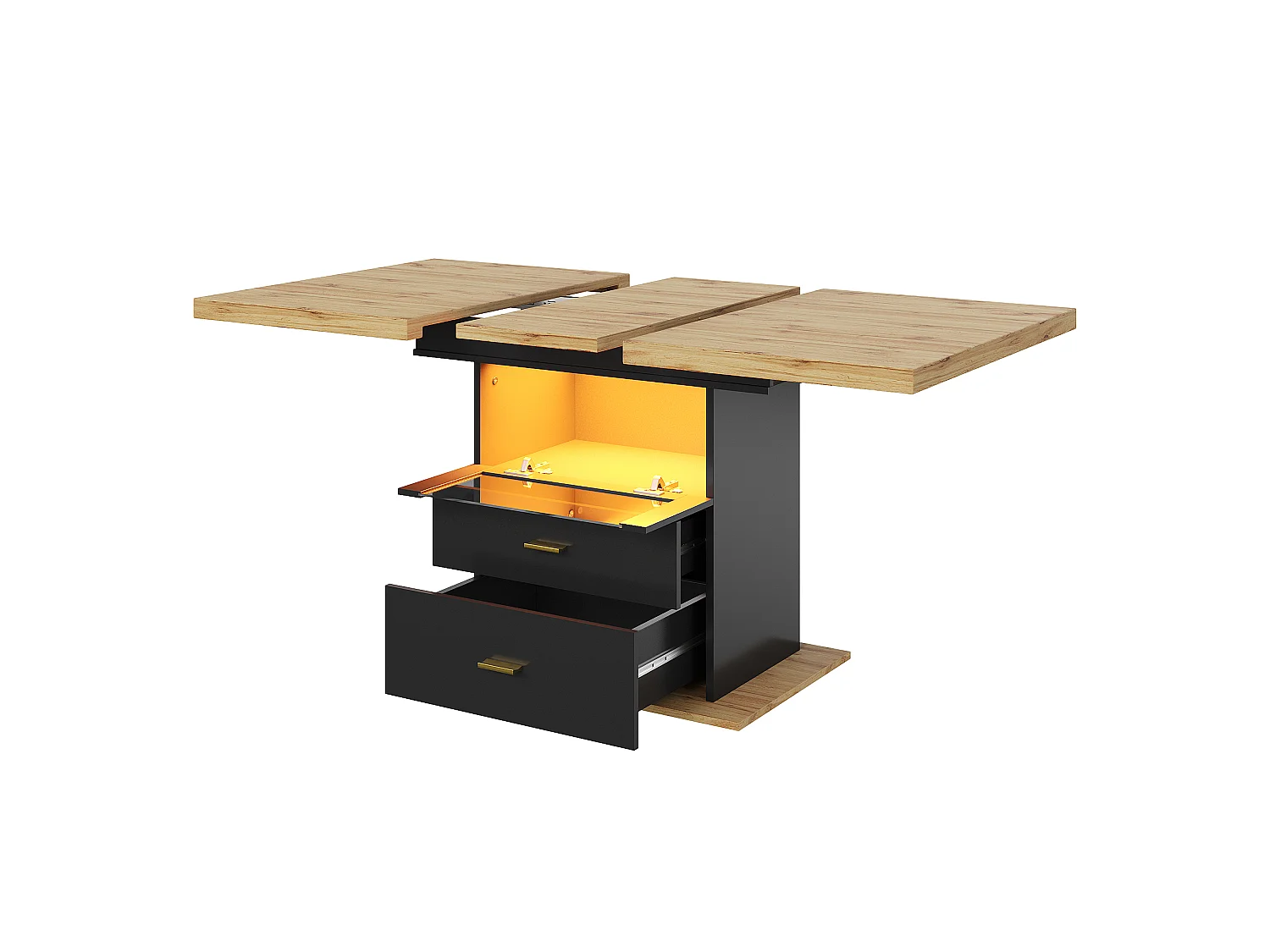 Table à manger extensible 6 places avec Leds - 110/140 x 80 x 75 cm - pour les salles à manger et cuisines - MDF + métal - noir + naturel
