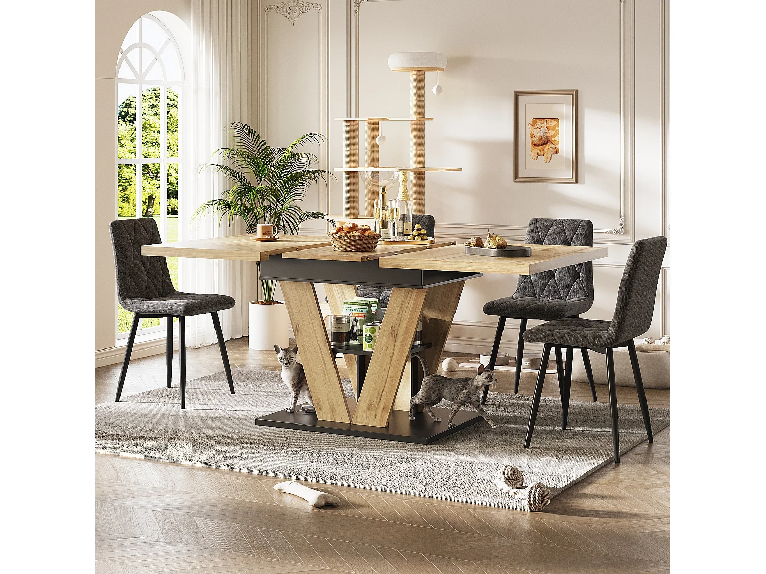 Table à manger extensible 6 places - 110/140 x 80 x 75 cm - pour cuisine et salon - MDF + métal - naturel