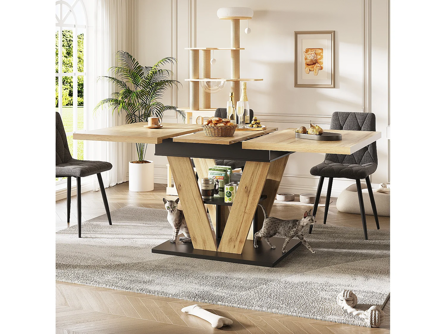 Table à manger extensible 6 places - 110/140 x 80 x 75 cm - pour cuisine et salon - MDF + métal - naturel