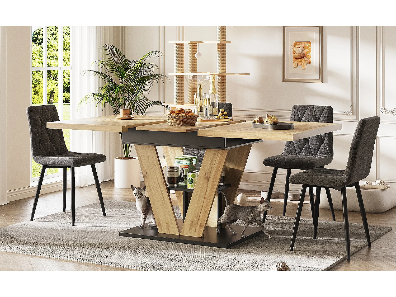 Table à manger extensible 6 places - 110/140 x 80 x 75 cm - pour cuisine et salon - MDF + métal - naturel