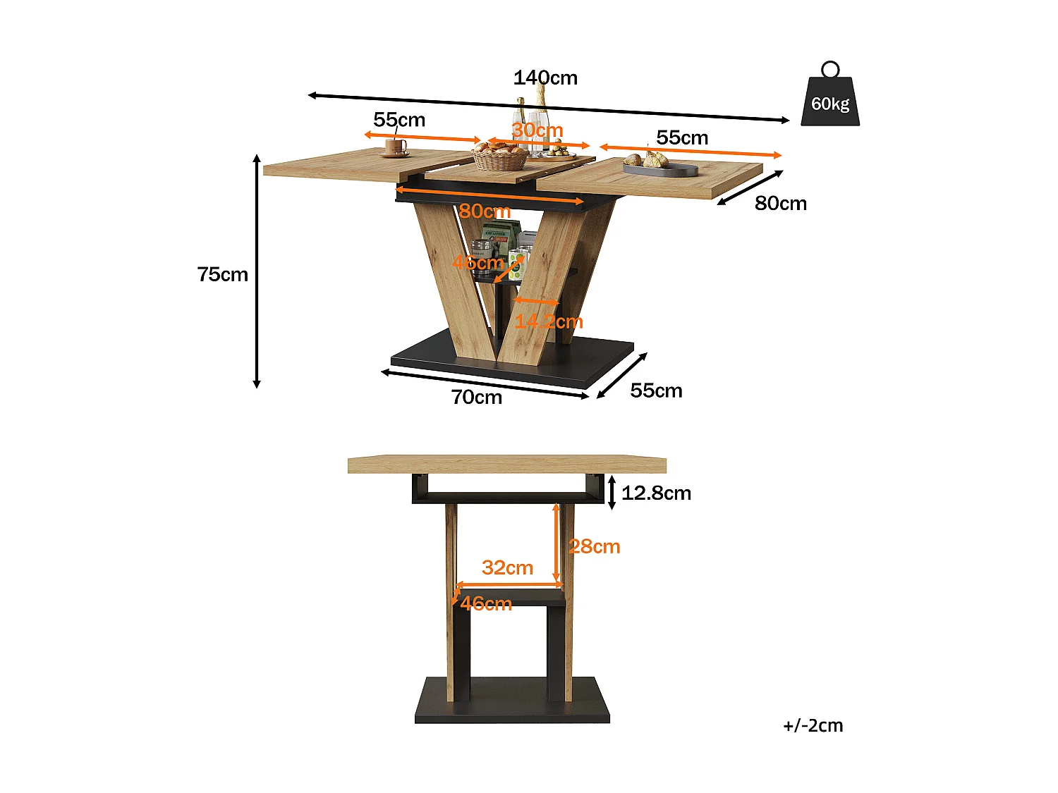Table à manger extensible 6 places - 110/140 x 80 x 75 cm - pour cuisine et salon - MDF + métal - naturel