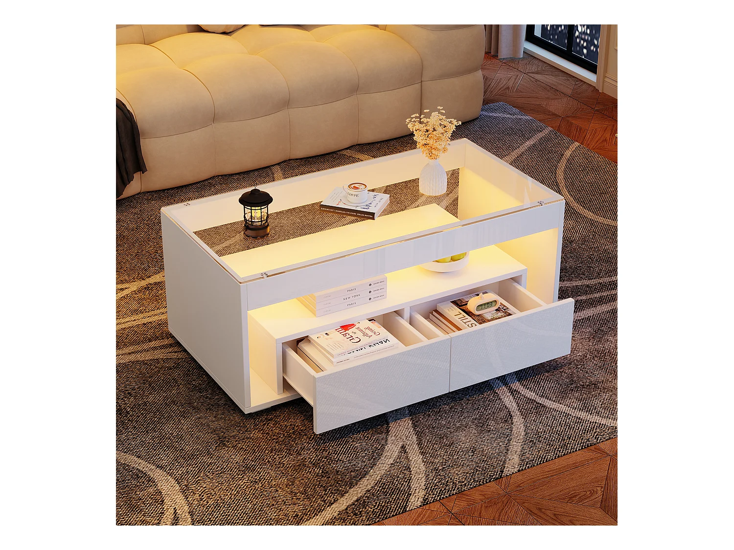 Table basse moderne avec Leds + 2 tiroirs - 100 x 50 x 40 cm - table de salon en verre brillante - aggloméré - blanc