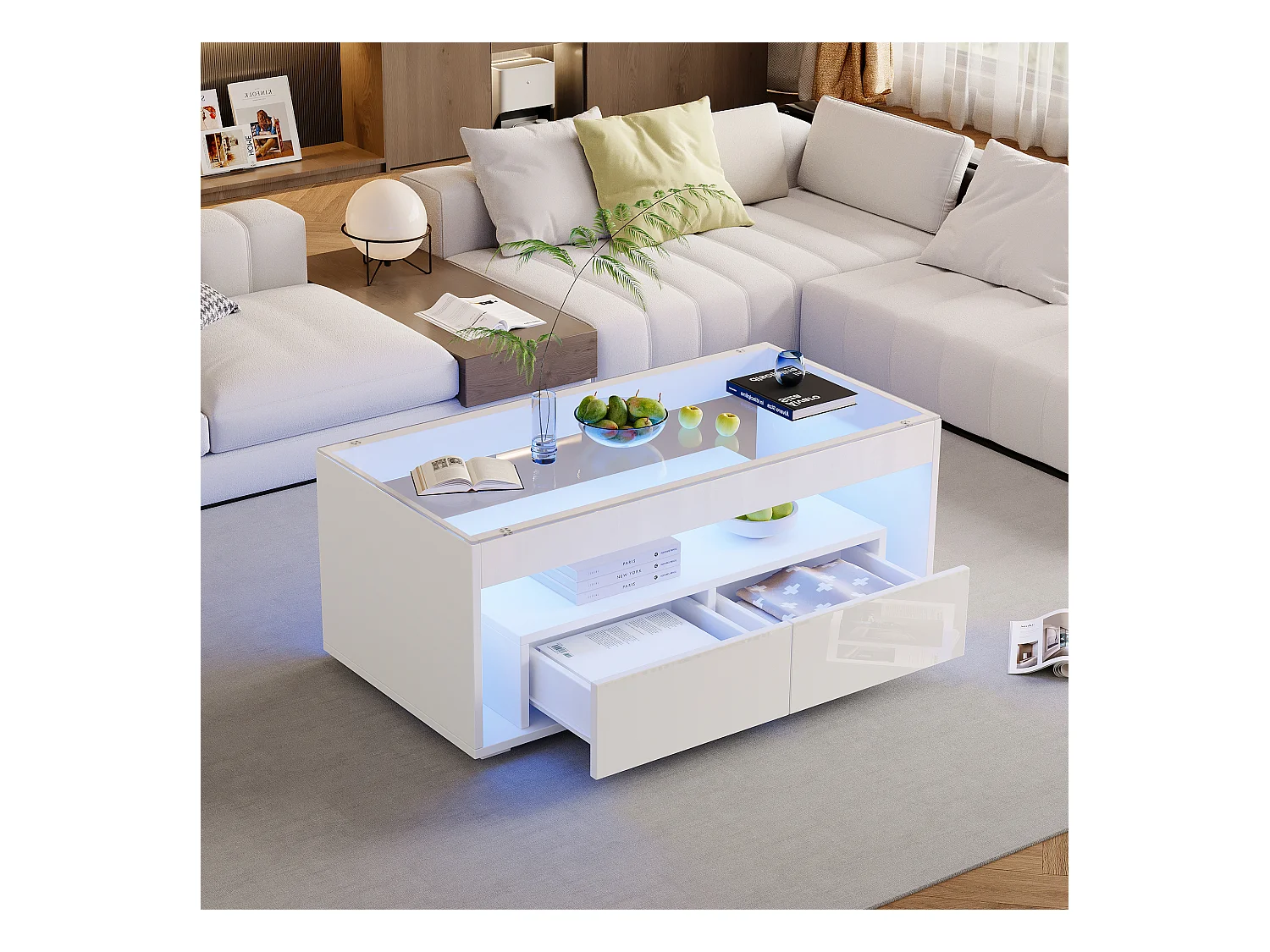 Table basse moderne avec Leds + 2 tiroirs - 100 x 50 x 40 cm - table de salon en verre brillante - aggloméré - blanc