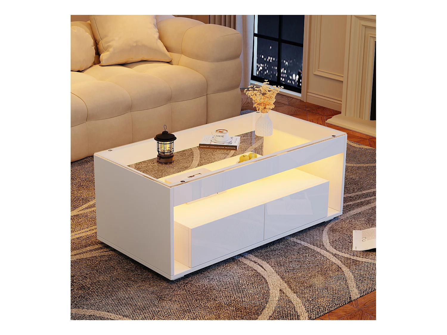 Table basse moderne avec Leds + 2 tiroirs - 100 x 50 x 40 cm - table de salon en verre brillante - aggloméré - blanc