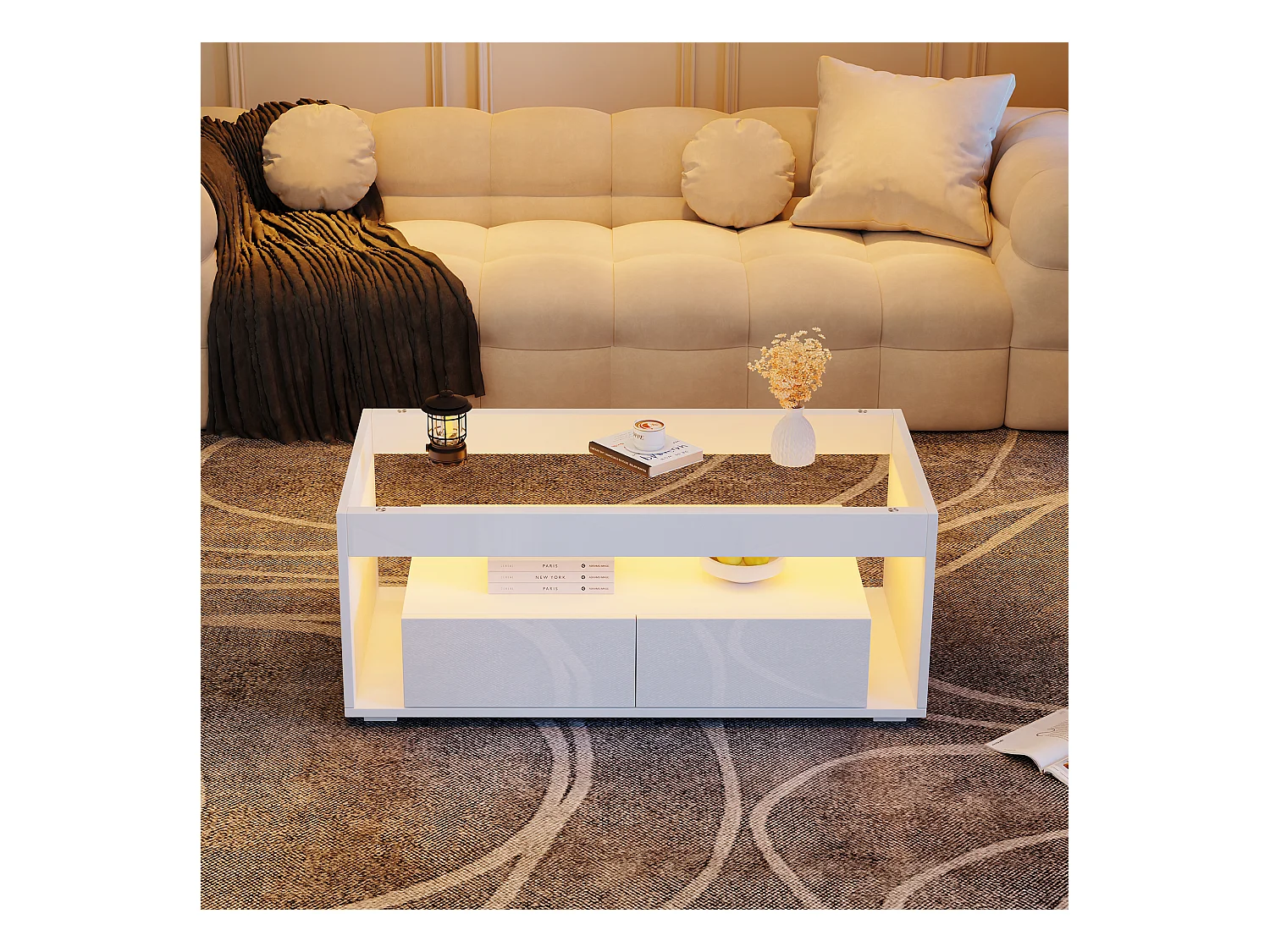 Table basse moderne avec Leds + 2 tiroirs - 100 x 50 x 40 cm - table de salon en verre brillante - aggloméré - blanc