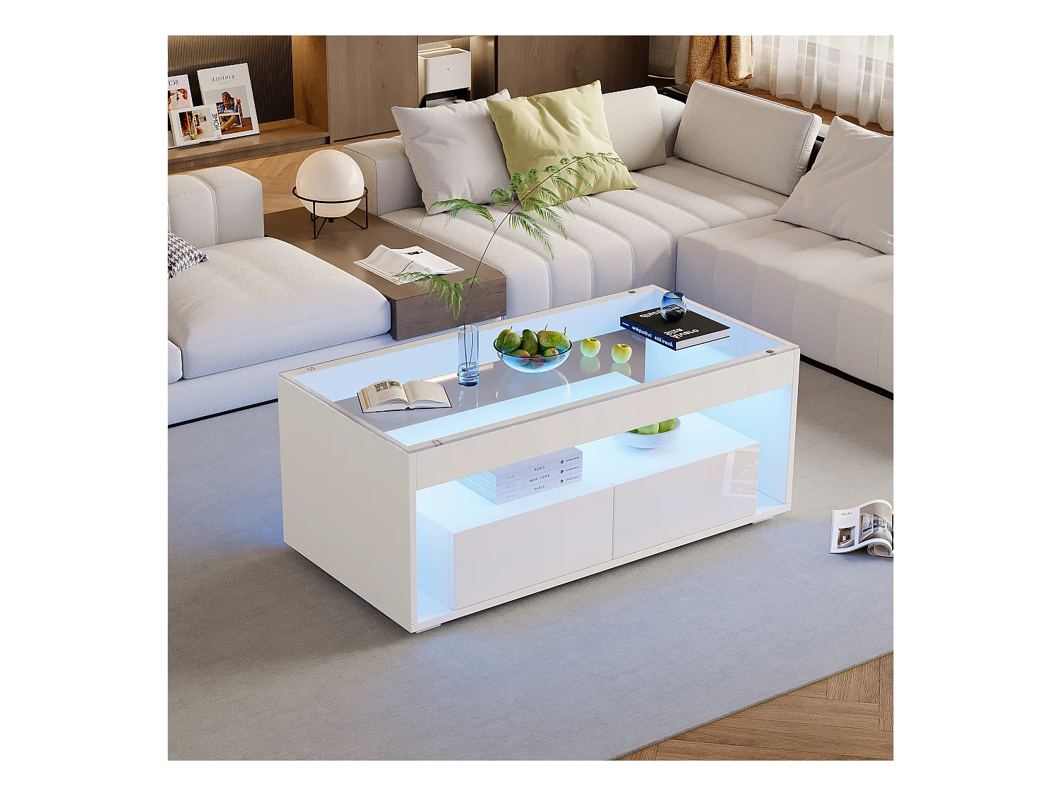 Table basse moderne avec Leds + 2 tiroirs - 100 x 50 x 40 cm - table de salon en verre brillante - aggloméré - blanc