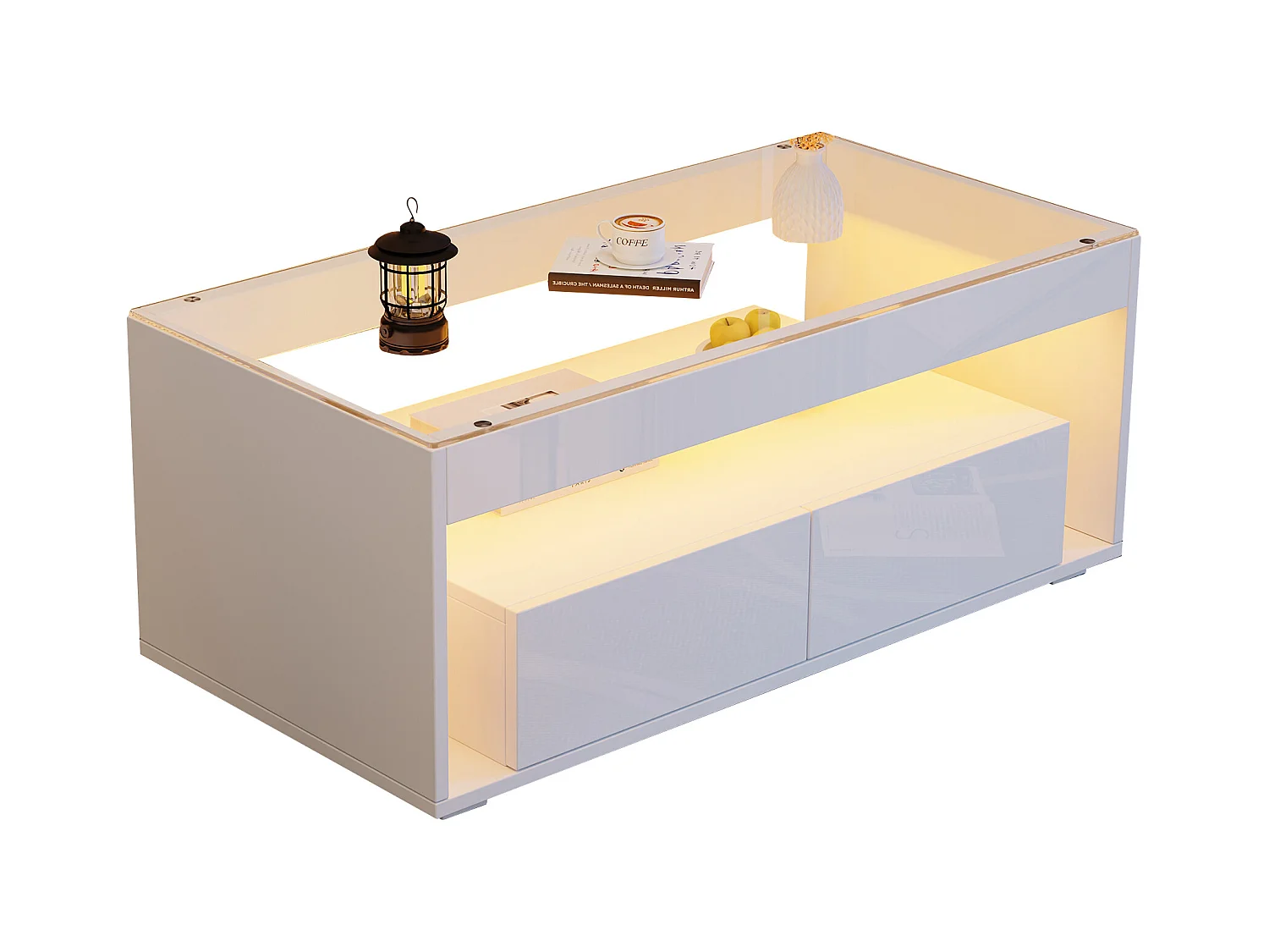 Table basse moderne avec Leds + 2 tiroirs - 100 x 50 x 40 cm - table de salon en verre brillante - aggloméré - blanc