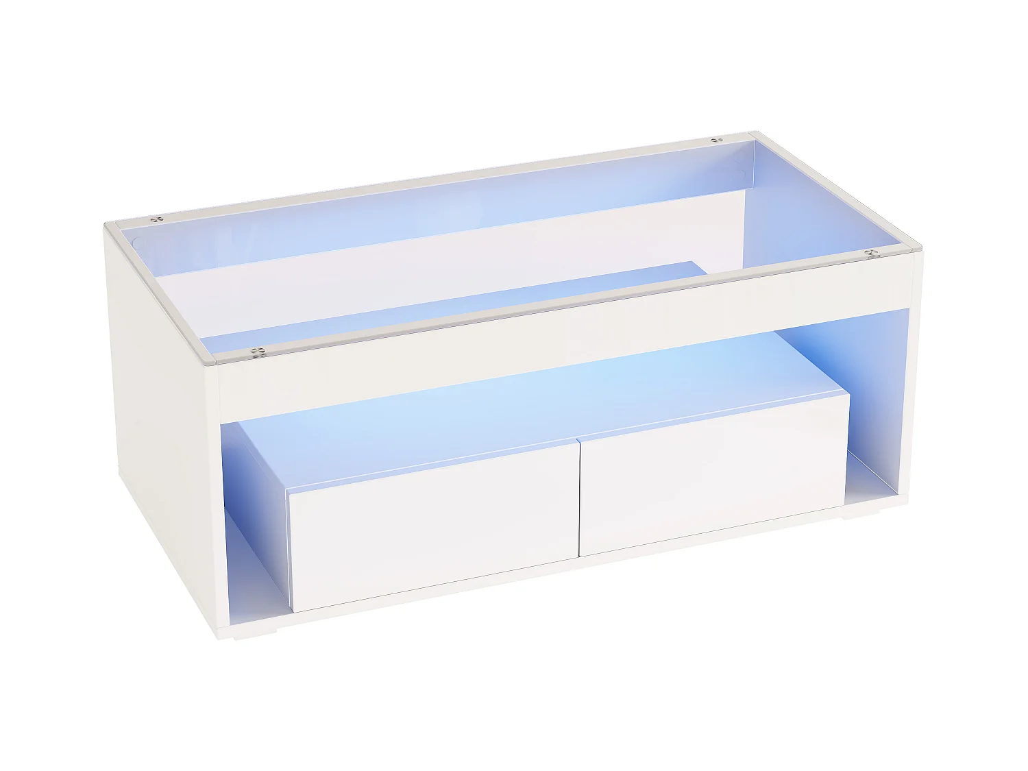 Table basse moderne avec Leds + 2 tiroirs - 100 x 50 x 40 cm - table de salon en verre brillante - aggloméré - blanc