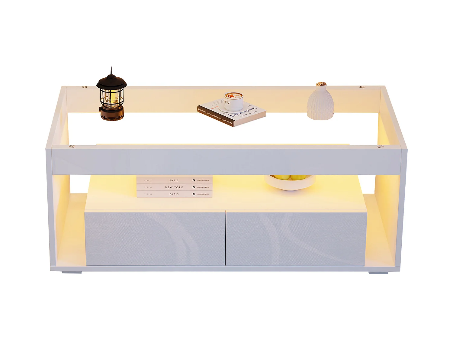 Table basse moderne avec Leds + 2 tiroirs - 100 x 50 x 40 cm - table de salon en verre brillante - aggloméré - blanc