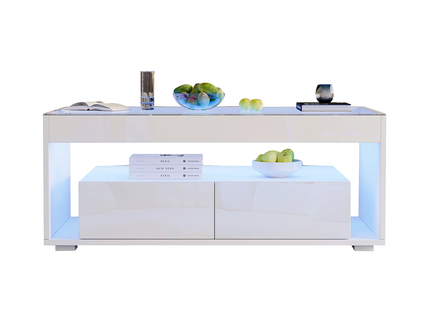 Table basse moderne avec Leds + 2 tiroirs - 100 x 50 x 40 cm - table de salon en verre brillante - aggloméré - blanc