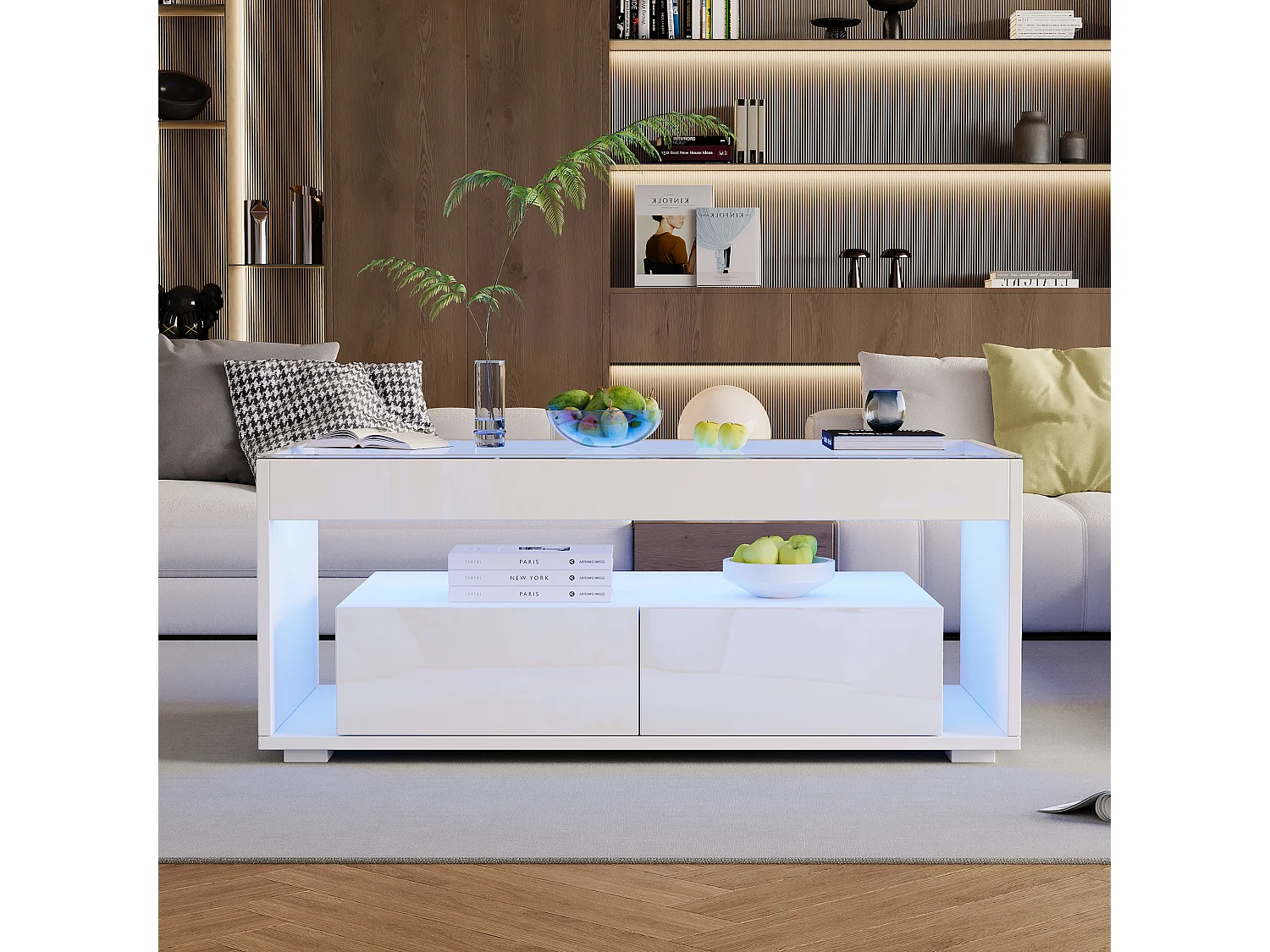 Table basse moderne avec Leds + 2 tiroirs - 100 x 50 x 40 cm - table de salon en verre brillante - aggloméré - blanc