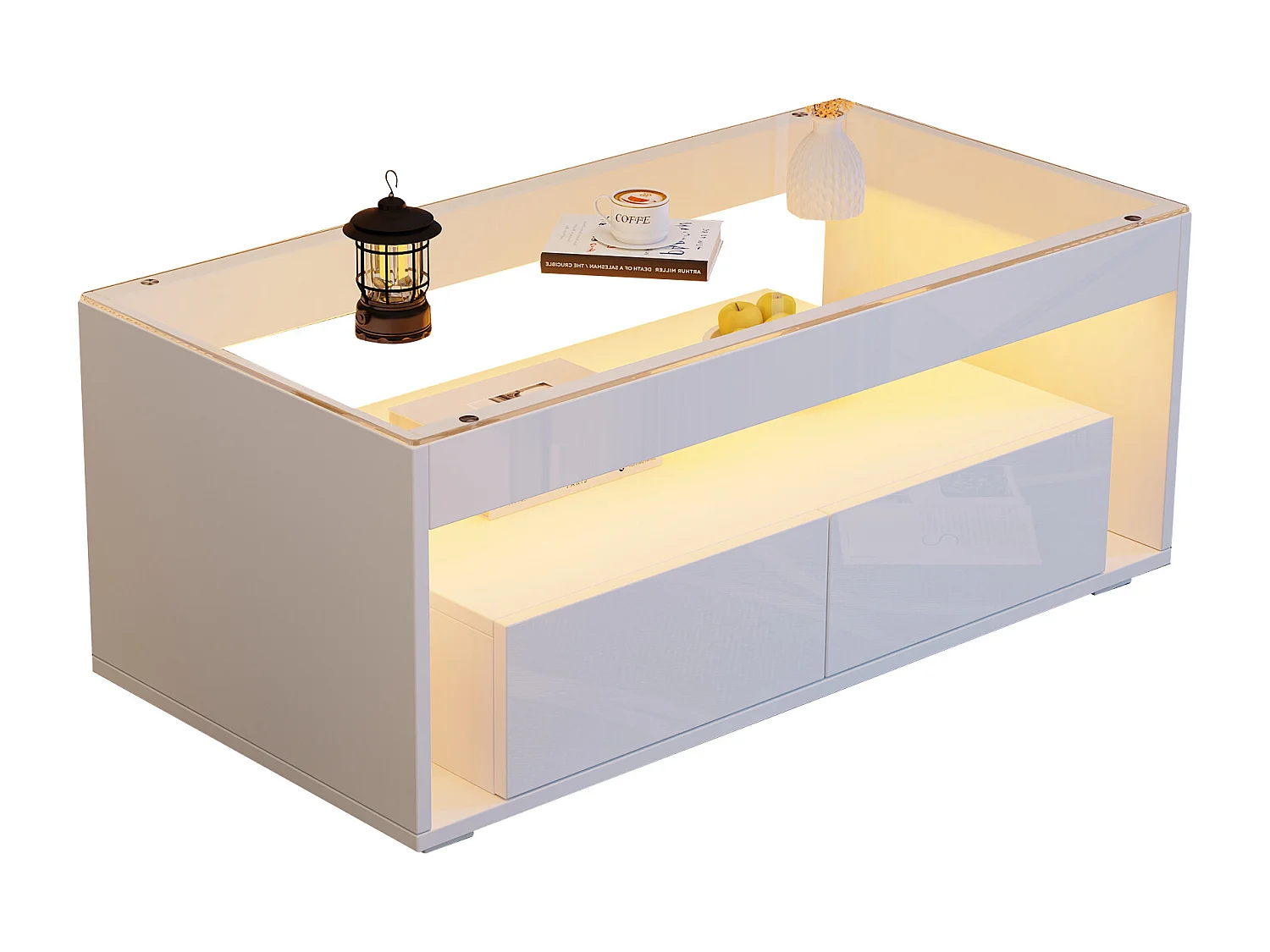 Table basse moderne avec Leds + 2 tiroirs - 100 x 50 x 40 cm - table de salon en verre brillante - aggloméré - blanc