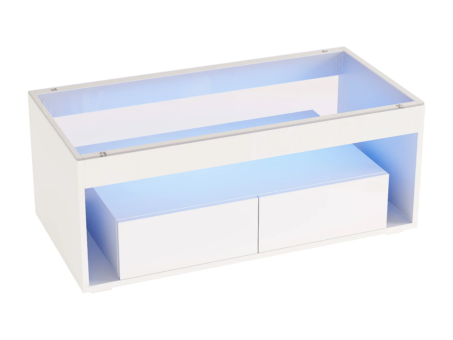 Table basse moderne avec Leds + 2 tiroirs - 100 x 50 x 40 cm - table de salon en verre brillante - aggloméré - blanc
