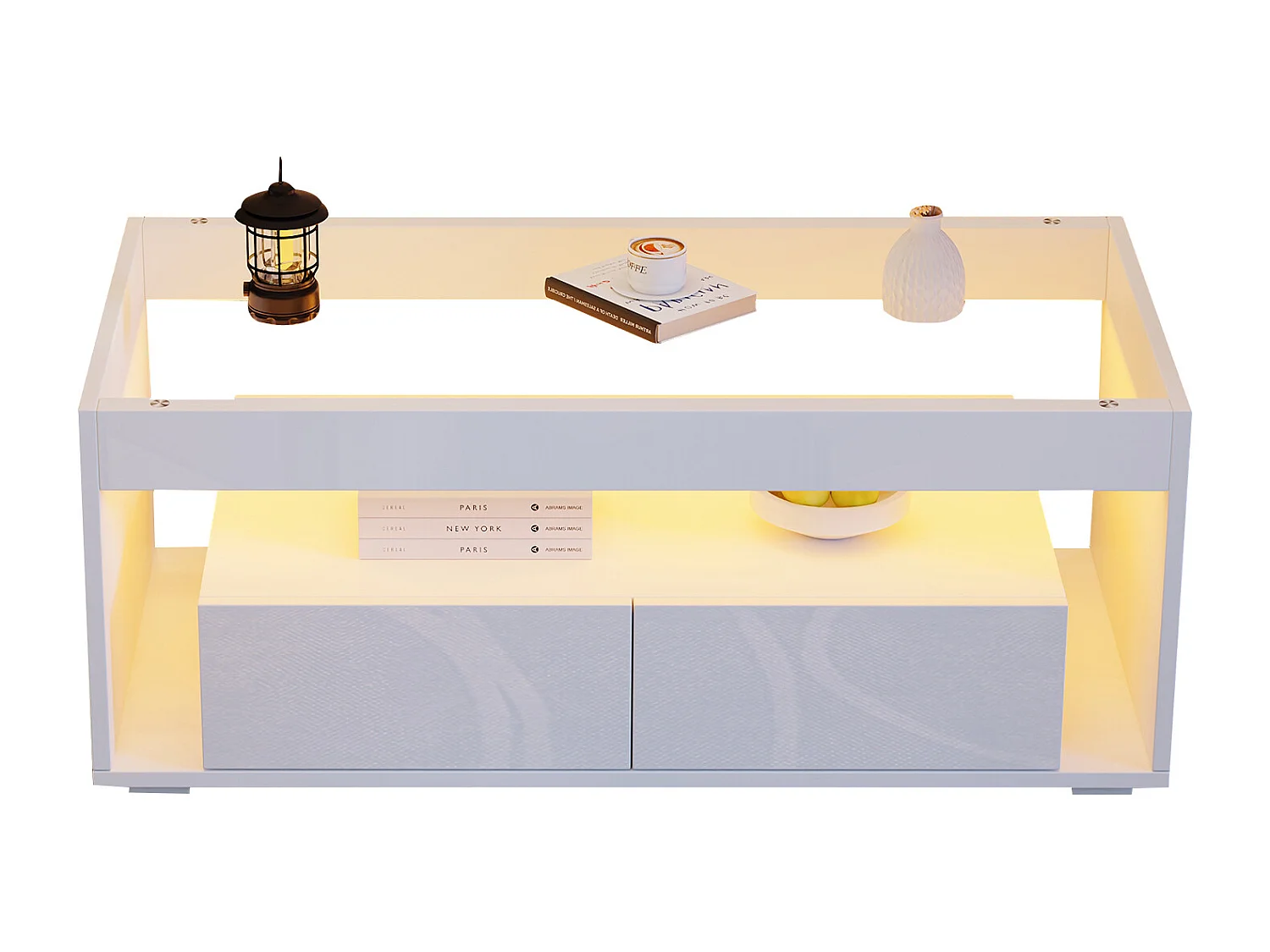 Table basse moderne avec Leds + 2 tiroirs - 100 x 50 x 40 cm - table de salon en verre brillante - aggloméré - blanc