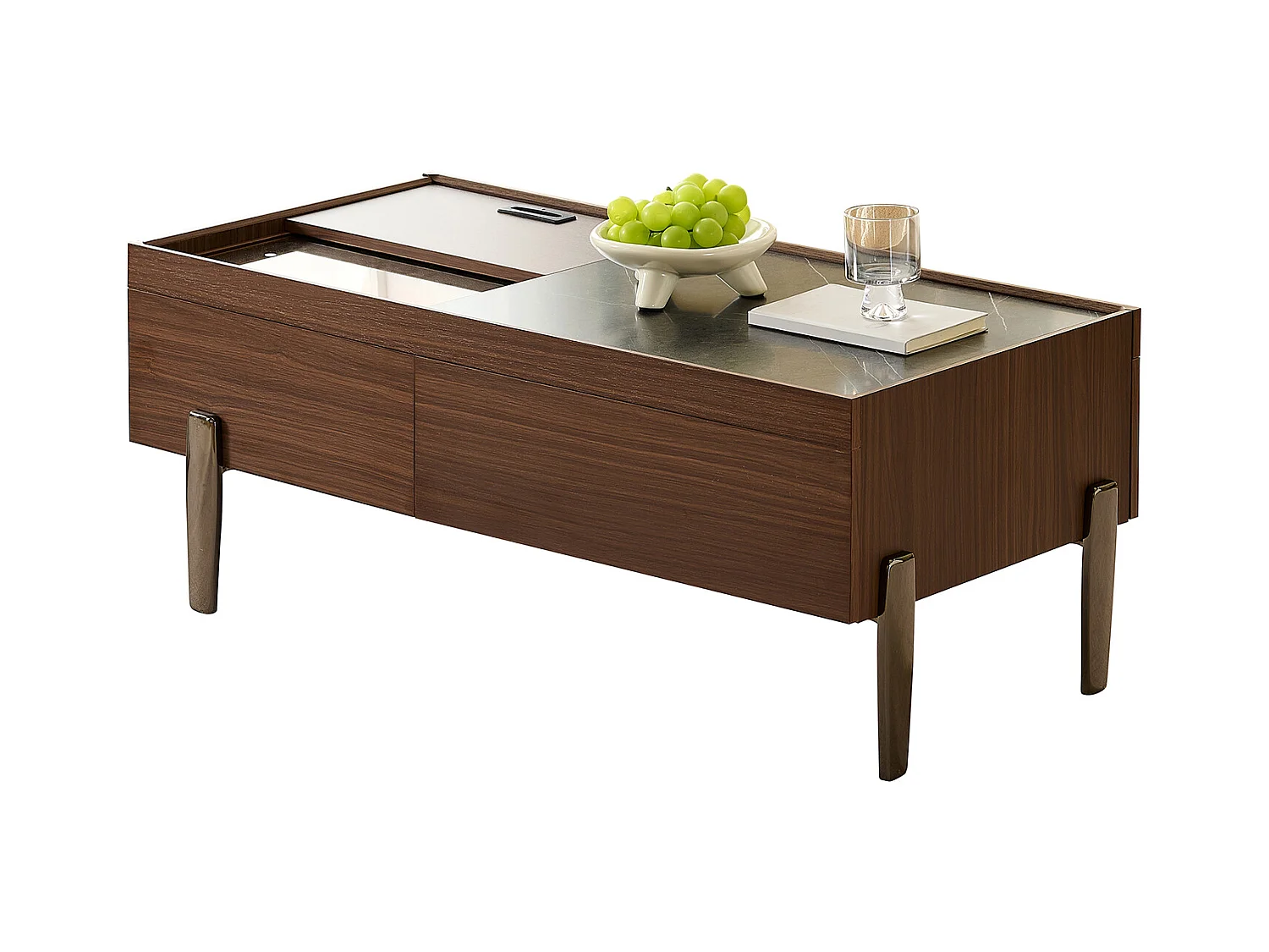 Moderner Couchtisch mit 2 Schubladen und Glasplatte – 105 x 50 x 41,5 cm – Metallbeine – MDF + Glas – Dunkelbraun