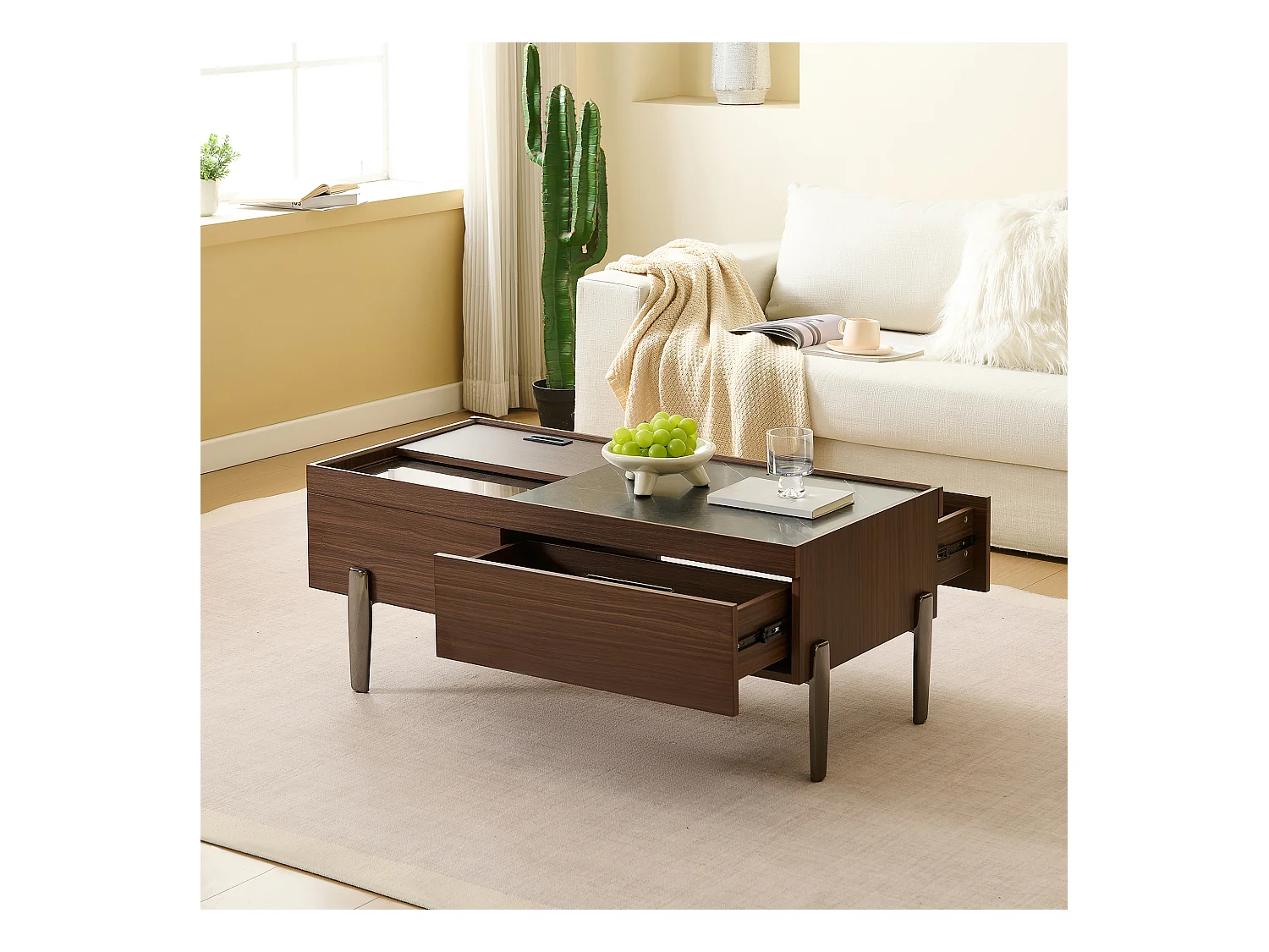 Moderner Couchtisch mit 2 Schubladen und Glasplatte – 105 x 50 x 41,5 cm – Metallbeine – MDF + Glas – Dunkelbraun