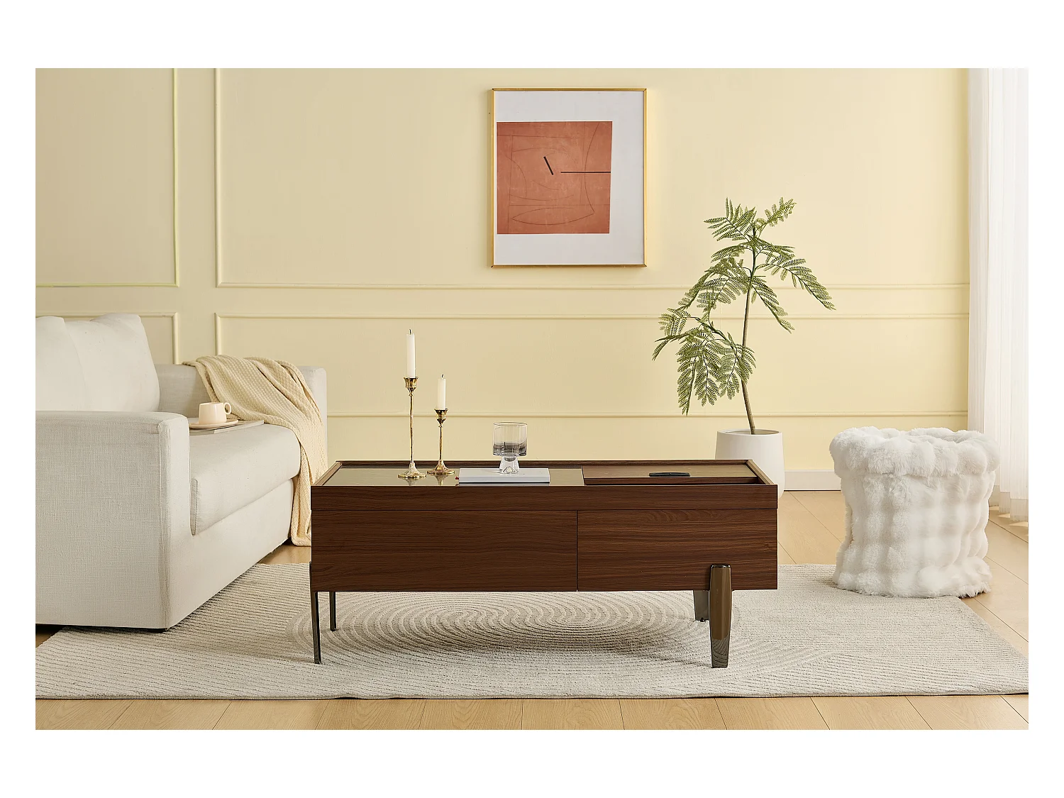 Moderner Couchtisch mit 2 Schubladen und Glasplatte – 105 x 50 x 41,5 cm – Metallbeine – MDF + Glas – Dunkelbraun