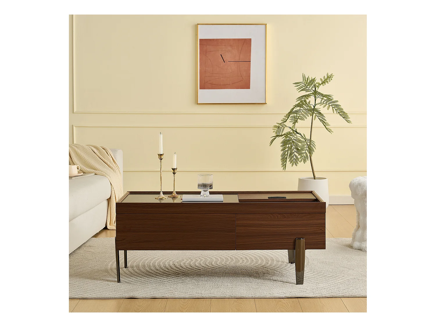 Moderner Couchtisch mit 2 Schubladen und Glasplatte – 105 x 50 x 41,5 cm – Metallbeine – MDF + Glas – Dunkelbraun