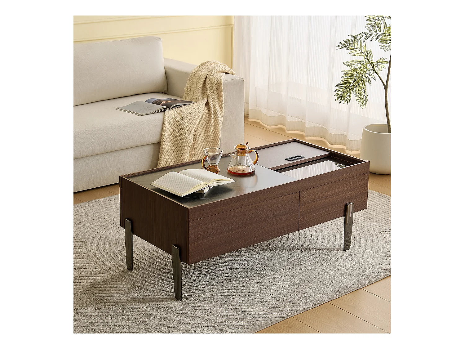 Moderner Couchtisch mit 2 Schubladen und Glasplatte – 105 x 50 x 41,5 cm – Metallbeine – MDF + Glas – Dunkelbraun