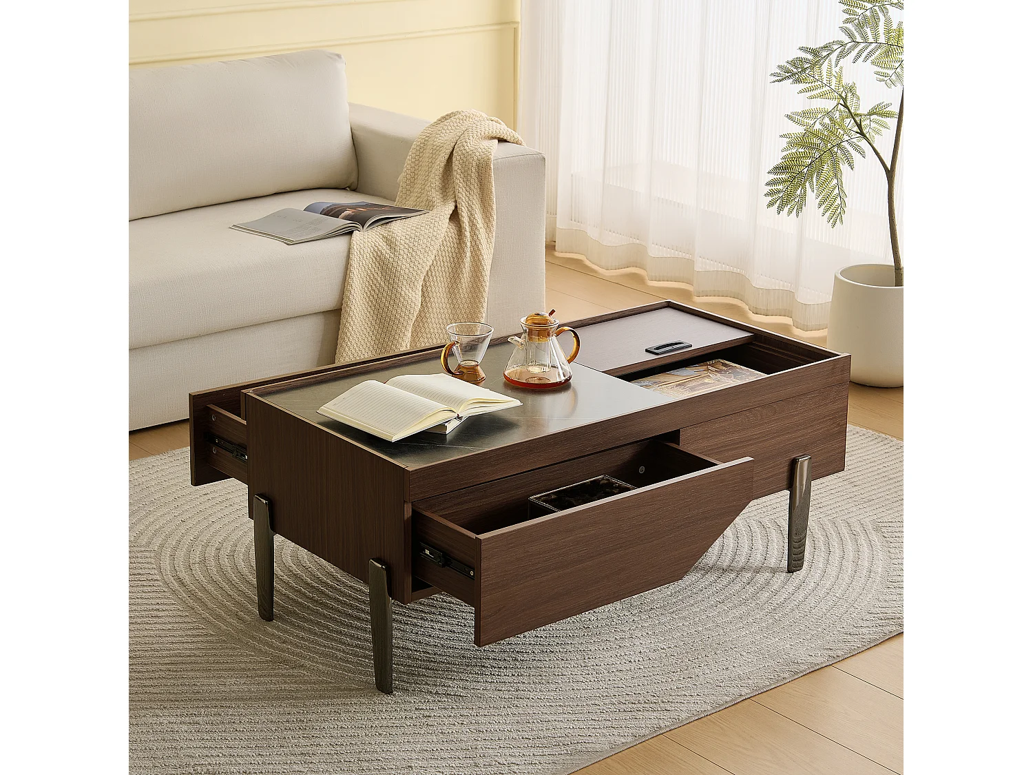 Moderner Couchtisch mit 2 Schubladen und Glasplatte – 105 x 50 x 41,5 cm – Metallbeine – MDF + Glas – Dunkelbraun