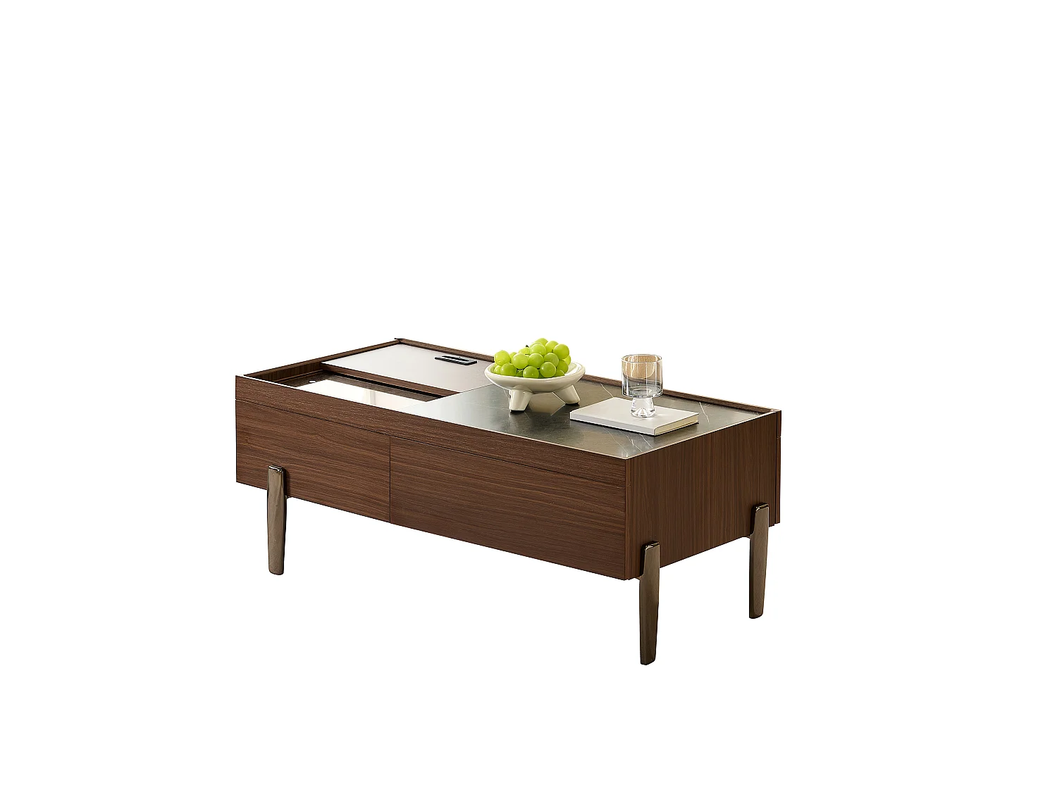 Moderner Couchtisch mit 2 Schubladen und Glasplatte – 105 x 50 x 41,5 cm – Metallbeine – MDF + Glas – Dunkelbraun