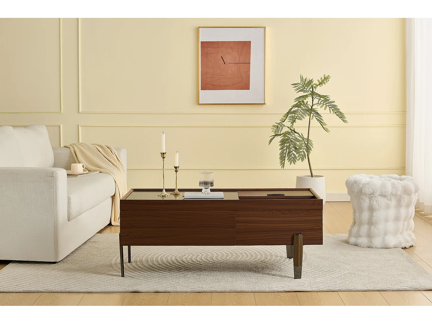 Moderner Couchtisch mit 2 Schubladen und Glasplatte – 105 x 50 x 41,5 cm – Metallbeine – MDF + Glas – Dunkelbraun