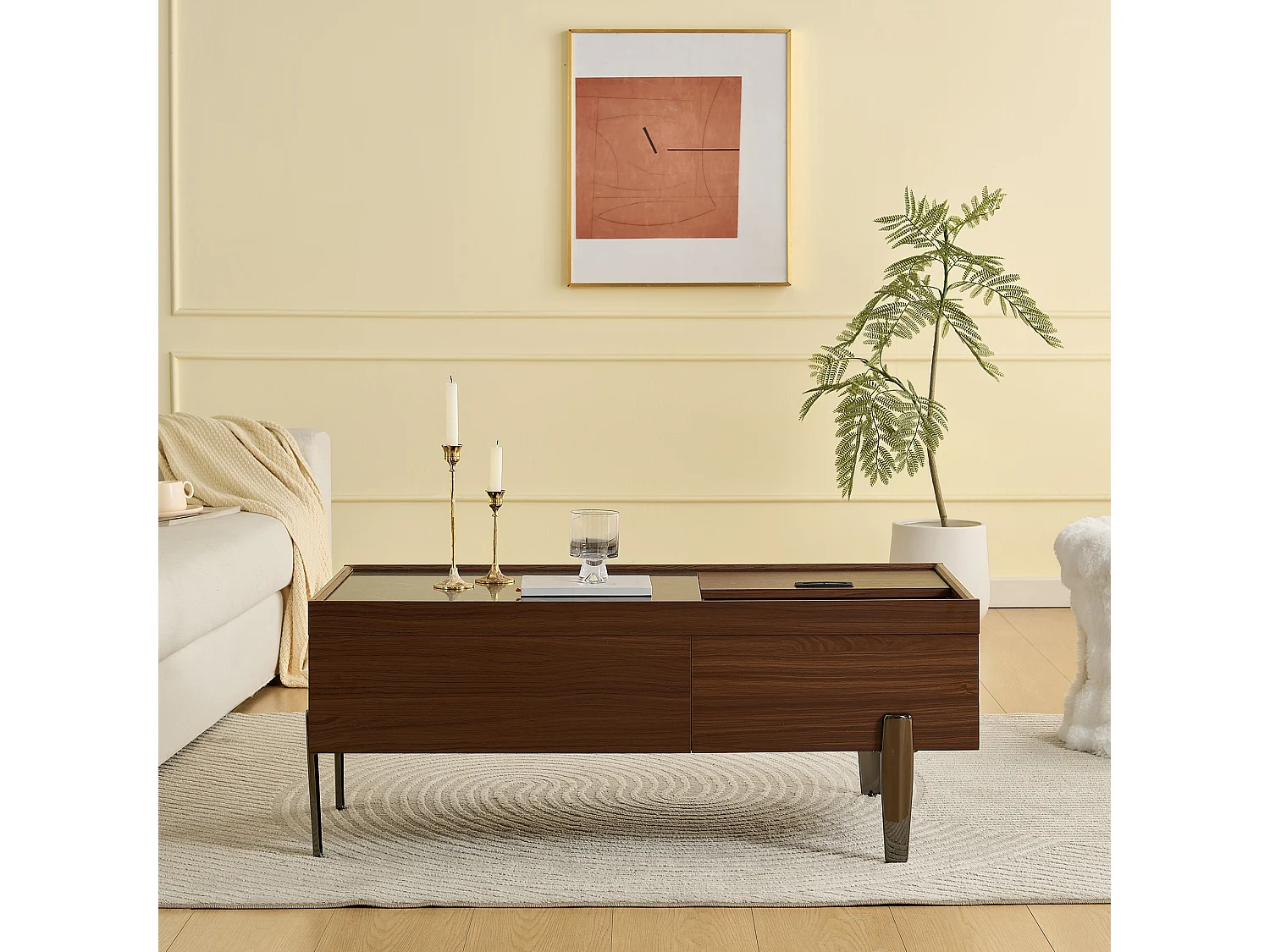 Moderner Couchtisch mit 2 Schubladen und Glasplatte – 105 x 50 x 41,5 cm – Metallbeine – MDF + Glas – Dunkelbraun