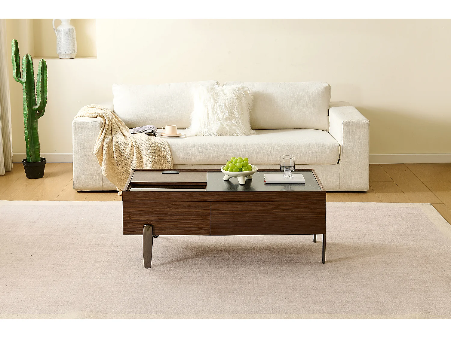 Moderner Couchtisch mit 2 Schubladen und Glasplatte – 105 x 50 x 41,5 cm – Metallbeine – MDF + Glas – Dunkelbraun