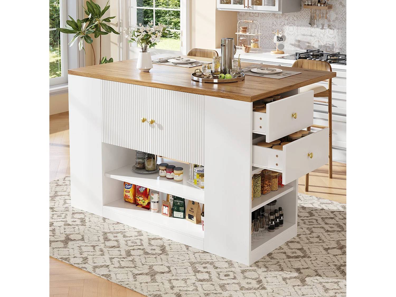 Îlot de cuisine moderne - 140 x 40 x 90 cm - avec tiroirs + étagères + portes - MDF + métal - blanc