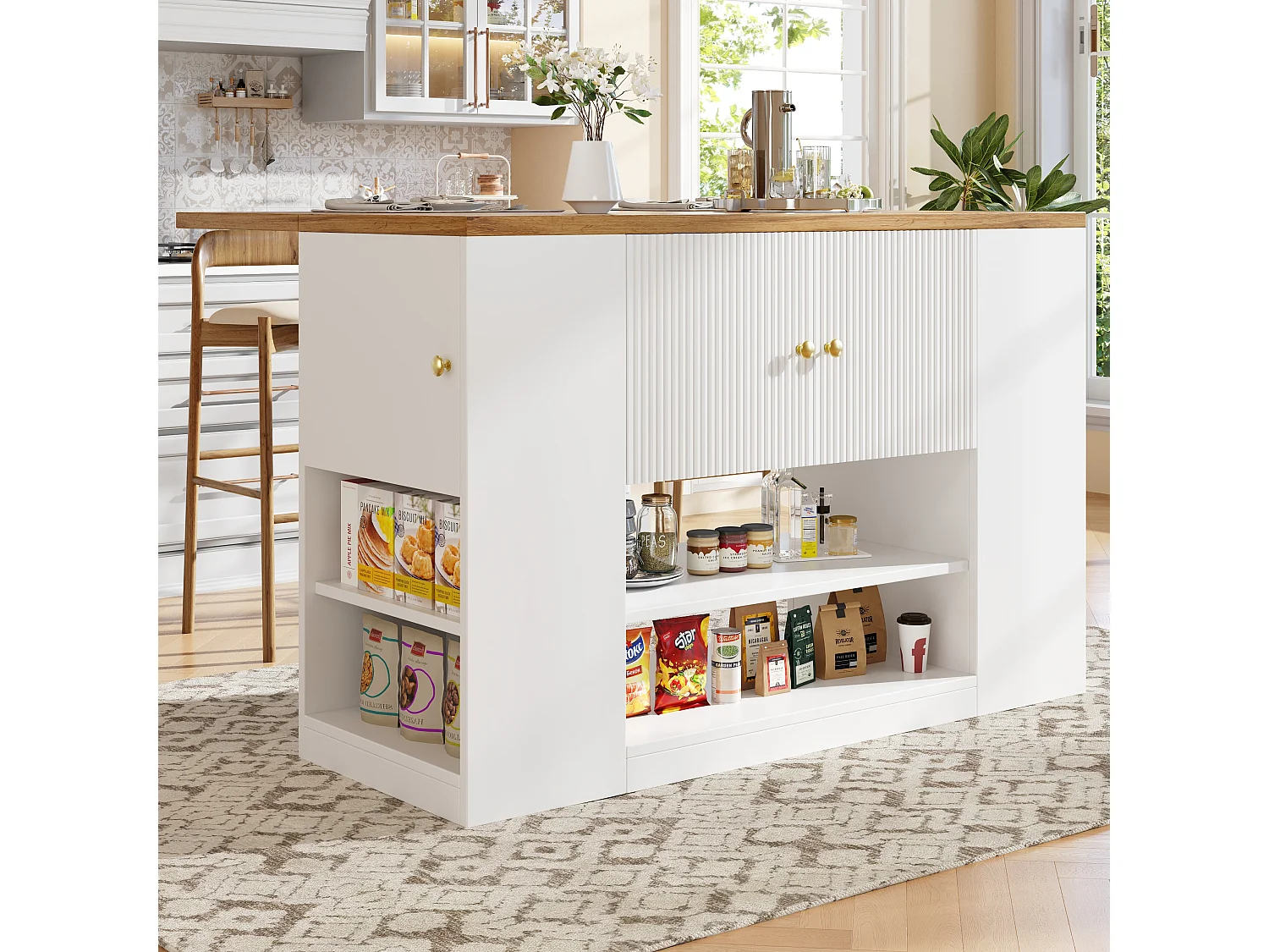 Îlot de cuisine moderne - 140 x 40 x 90 cm - avec tiroirs + étagères + portes - MDF + métal - blanc