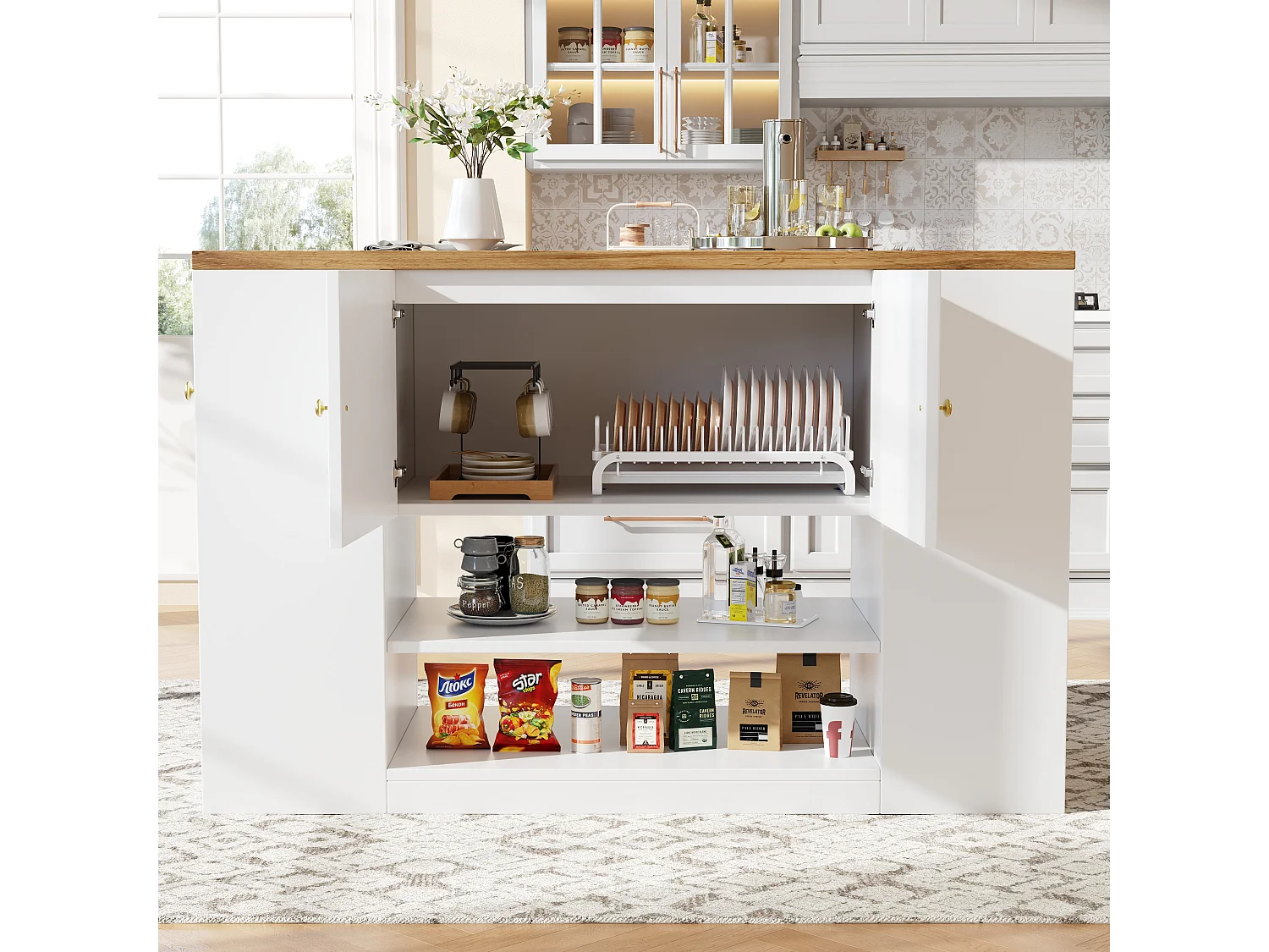 Îlot de cuisine moderne - 140 x 40 x 90 cm - avec tiroirs + étagères + portes - MDF + métal - blanc