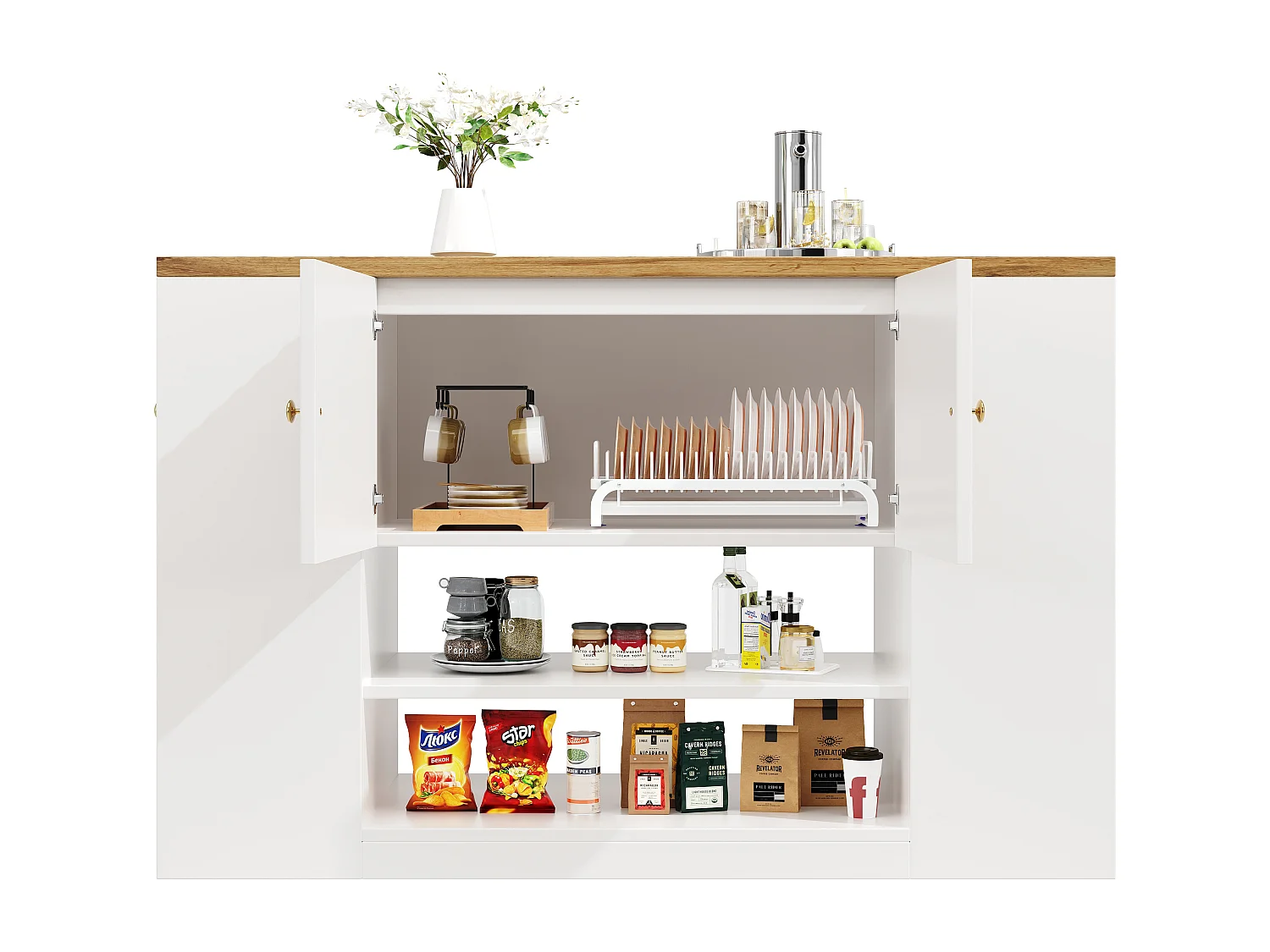 Îlot de cuisine moderne - 140 x 40 x 90 cm - avec tiroirs + étagères + portes - MDF + métal - blanc