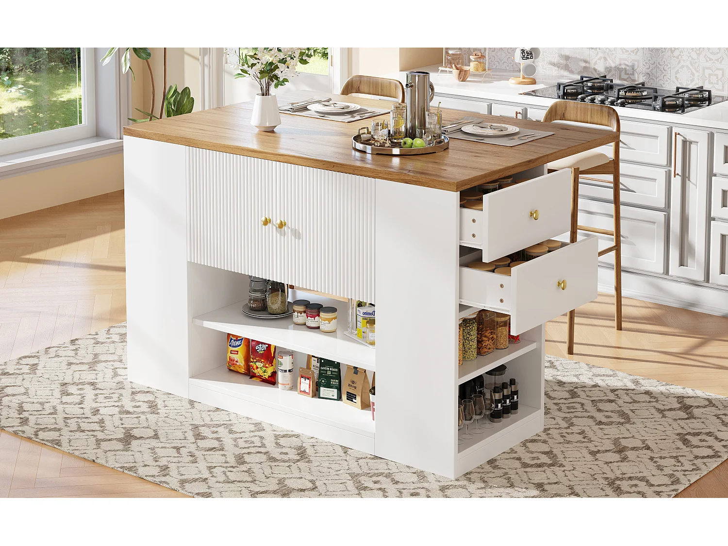 Îlot de cuisine moderne - 140 x 40 x 90 cm - avec tiroirs + étagères + portes - MDF + métal - blanc