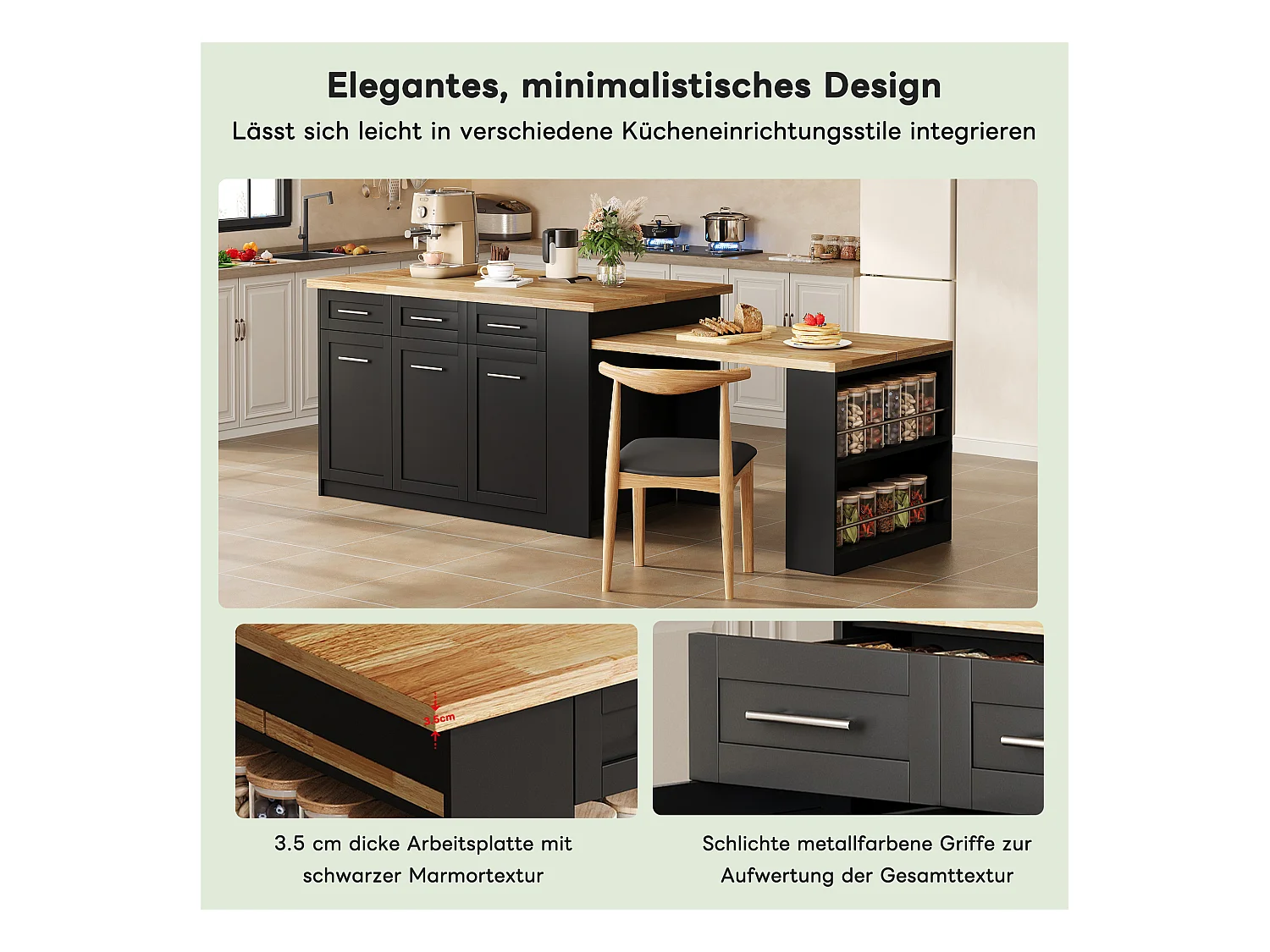 Isla central con 3 puertas + 6 cajones y balda - tablero extensible - 150/246 x 90 x 90 cm - MDF - natural + negro