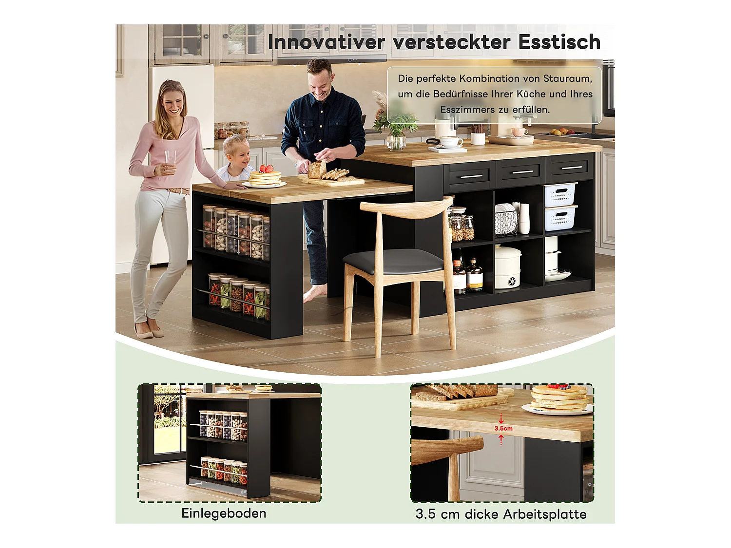 Isla central con 3 puertas + 6 cajones y balda - tablero extensible - 150/246 x 90 x 90 cm - MDF - natural + negro