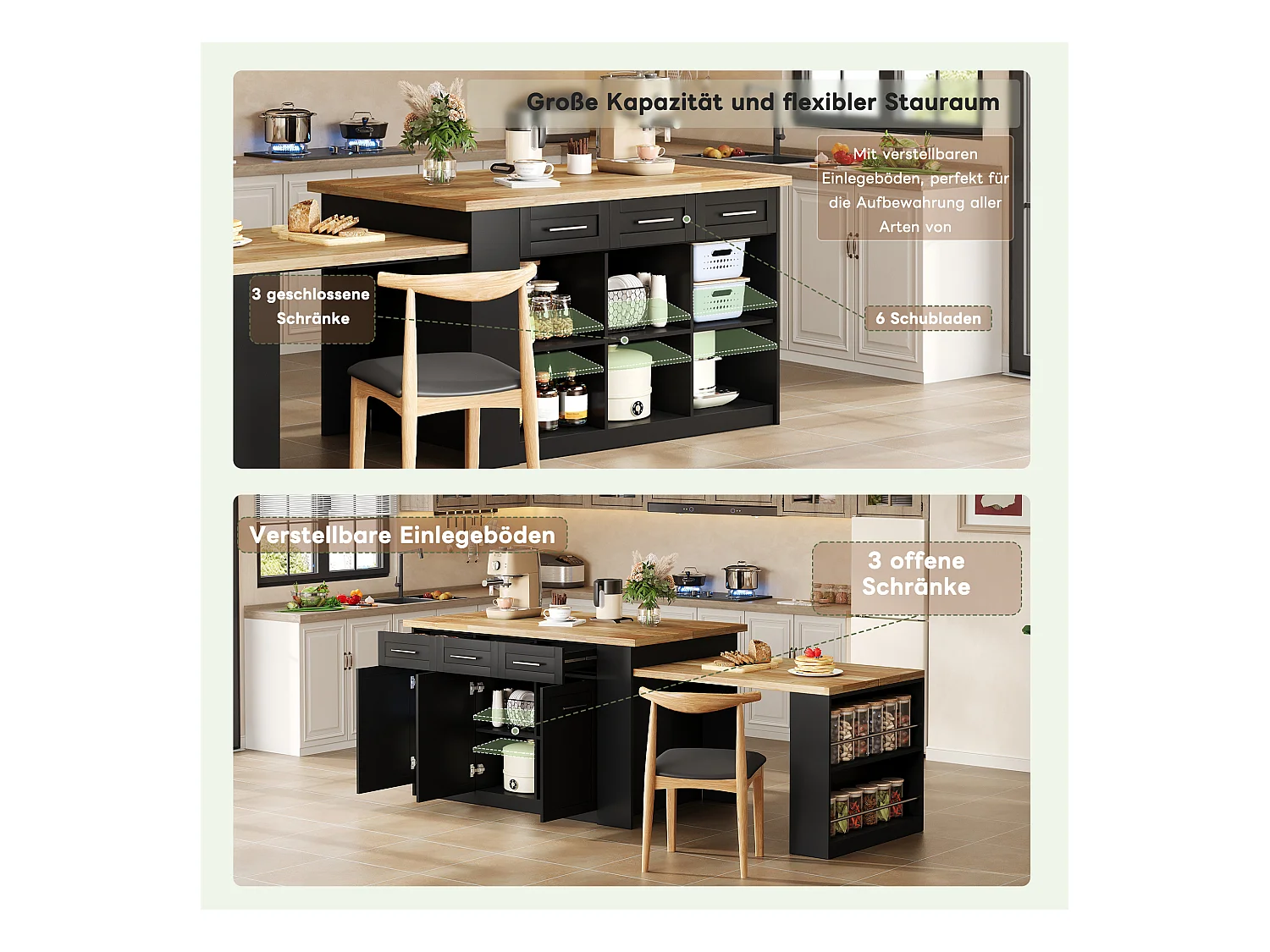 Isla central con 3 puertas + 6 cajones y balda - tablero extensible - 150/246 x 90 x 90 cm - MDF - natural + negro