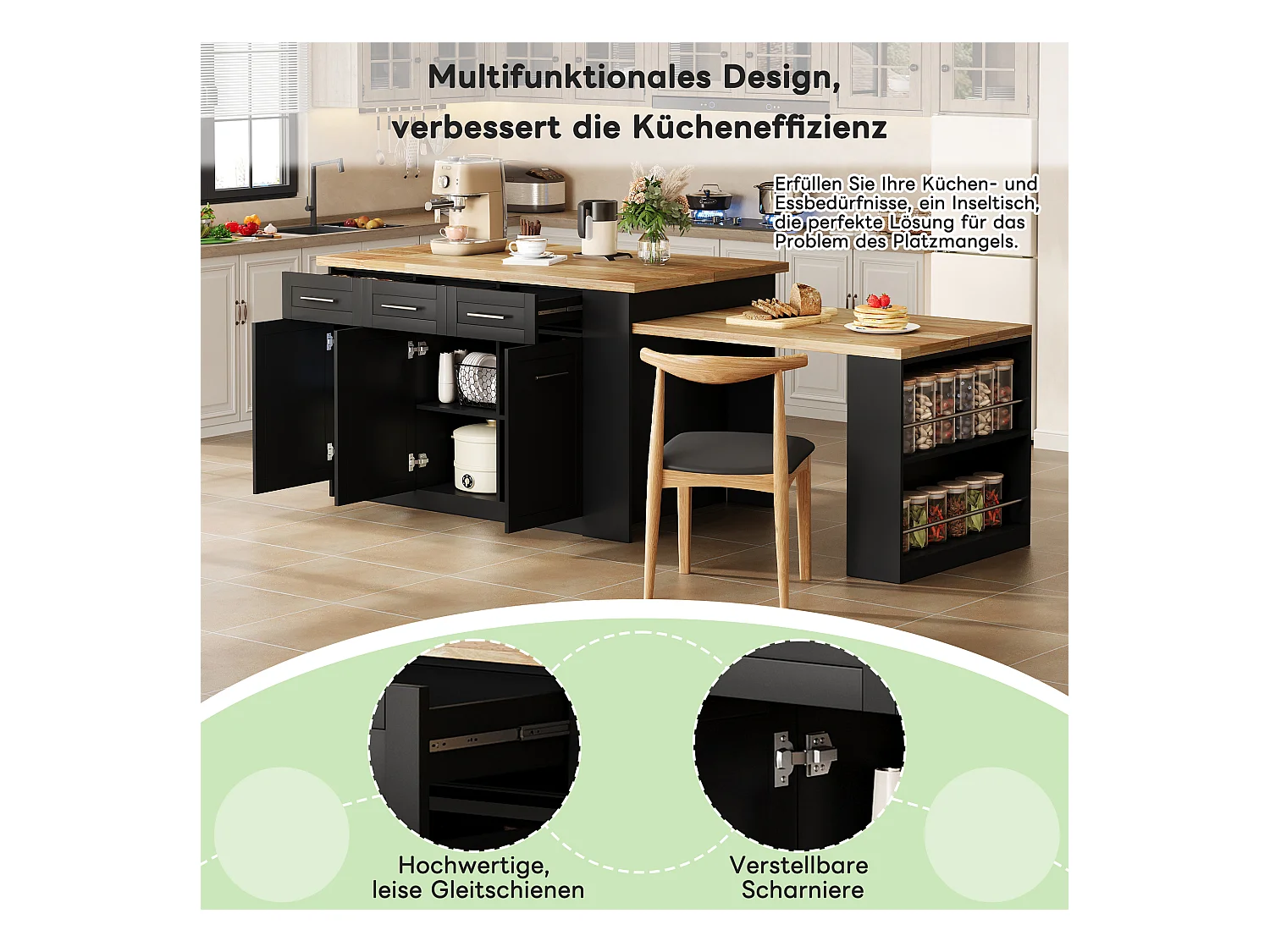 Isla central con 3 puertas + 6 cajones y balda - tablero extensible - 150/246 x 90 x 90 cm - MDF - natural + negro