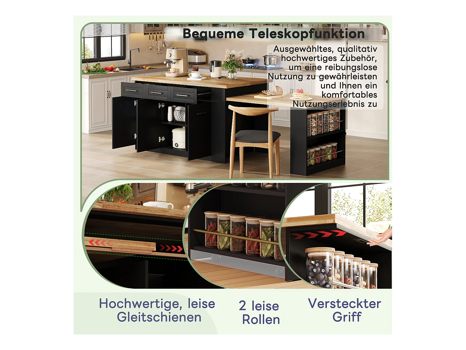 Isla central con 3 puertas + 6 cajones y balda - tablero extensible - 150/246 x 90 x 90 cm - MDF - natural + negro