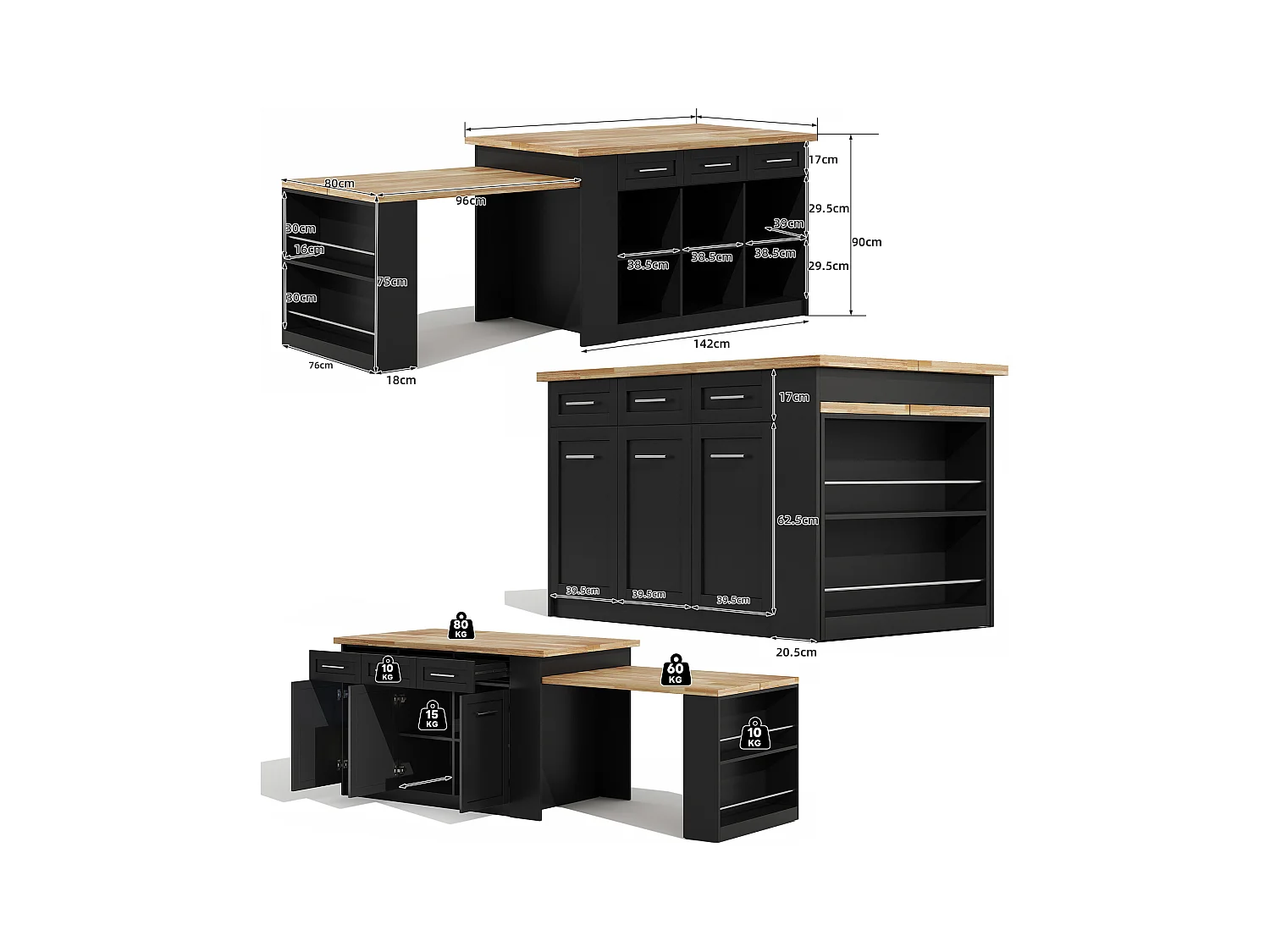 Isla central con 3 puertas + 6 cajones y balda - tablero extensible - 150/246 x 90 x 90 cm - MDF - natural + negro