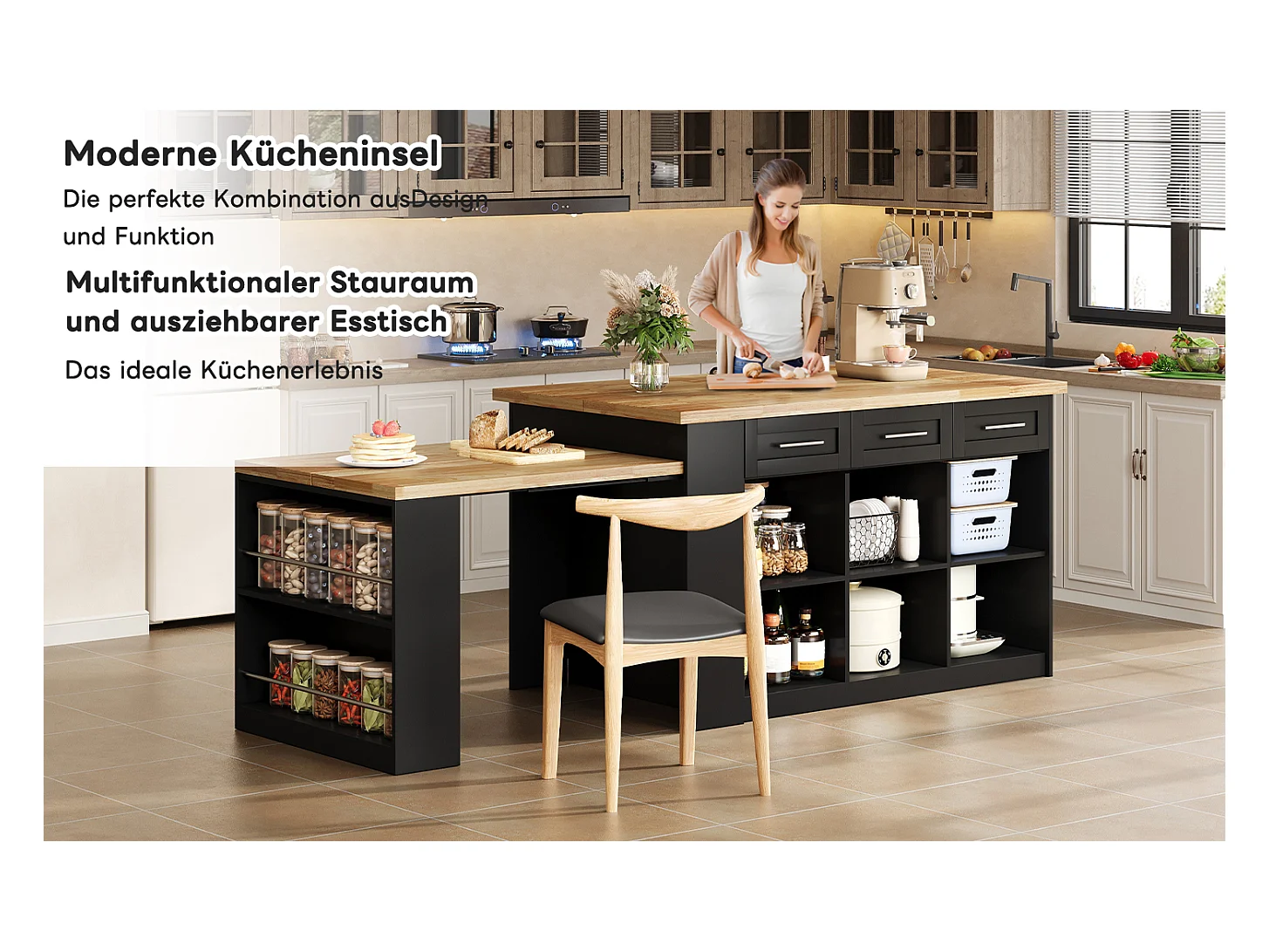 Isla central con 3 puertas + 6 cajones y balda - tablero extensible - 150/246 x 90 x 90 cm - MDF - natural + negro