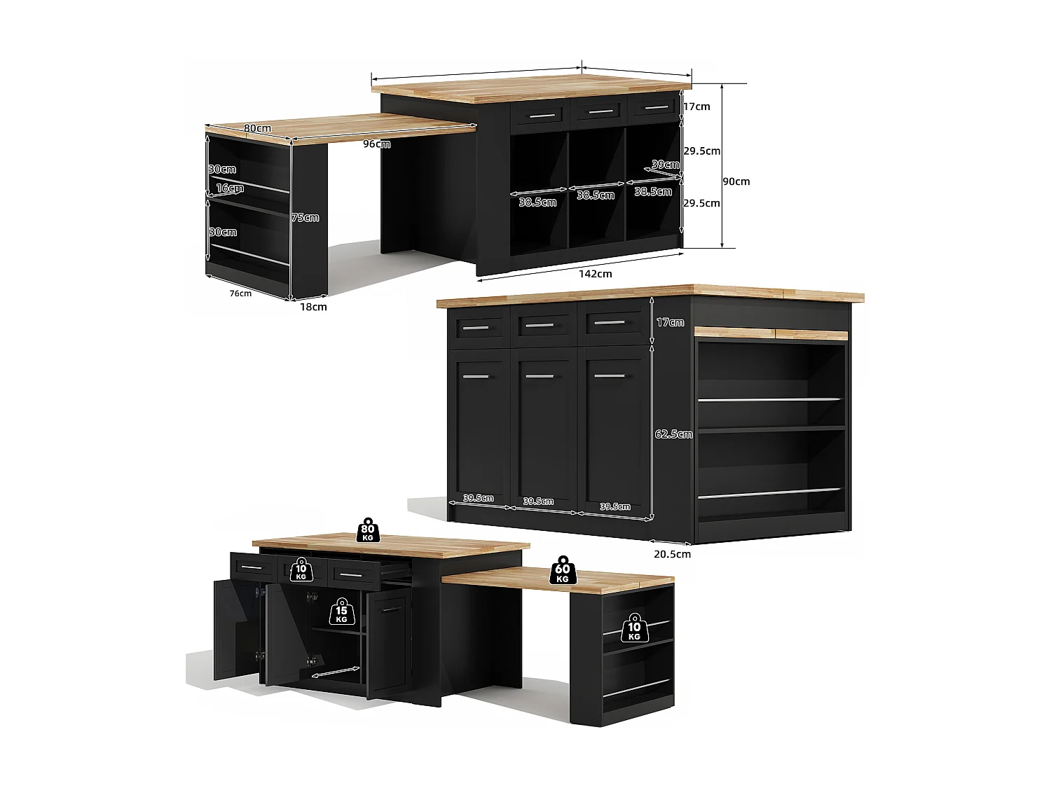 Isola centrale con 3 ante + 6 cassetti e ripiano - piano estensibile - 150/246 x 90 x 90 cm - MDF - naturale + nero