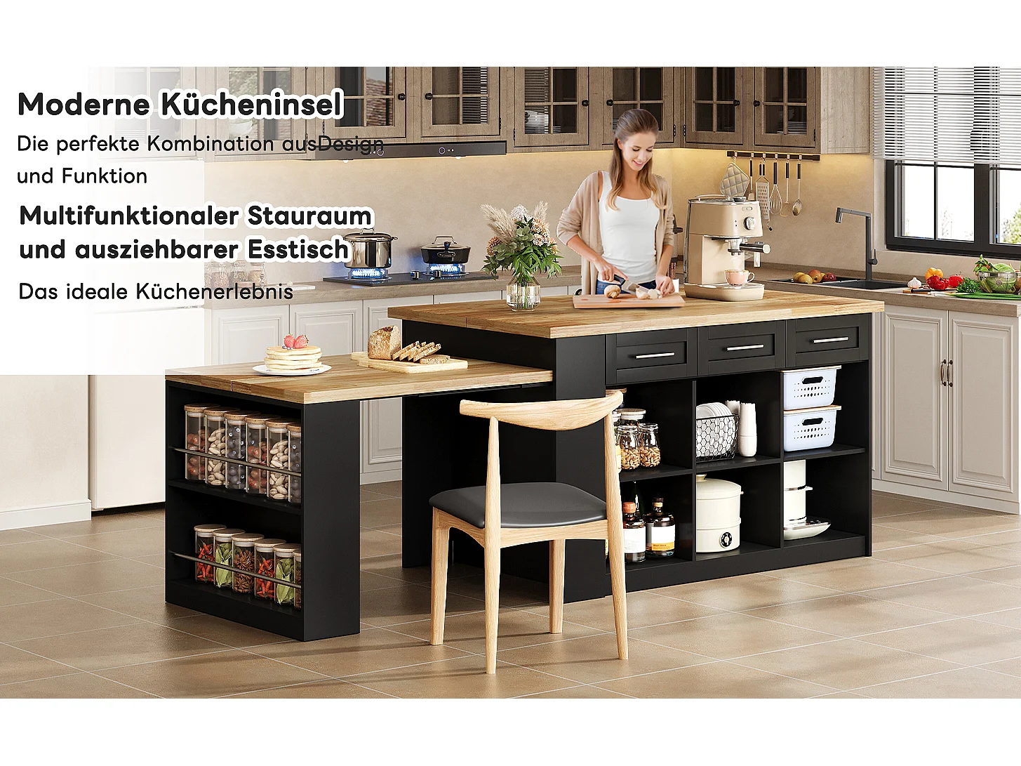 Köksö med 3 dörrar + 6 lådor och hyllplan - utdragbar topp - 150/246 x 90 x 90 cm - MDF - natur + svart