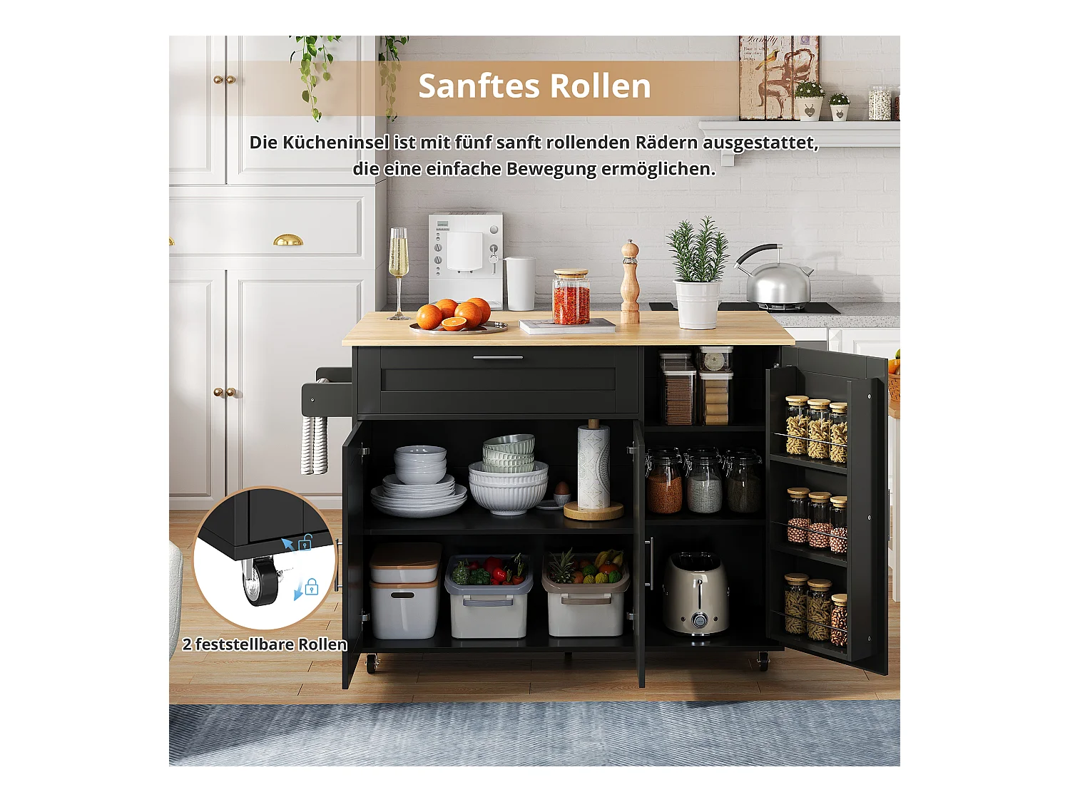 Îlot central mobile avec plan de travail pliable - 132.5 x 44 /70 x 90 cm - avec 3 portes + 1 tiroirs - MDF - noir + naturel