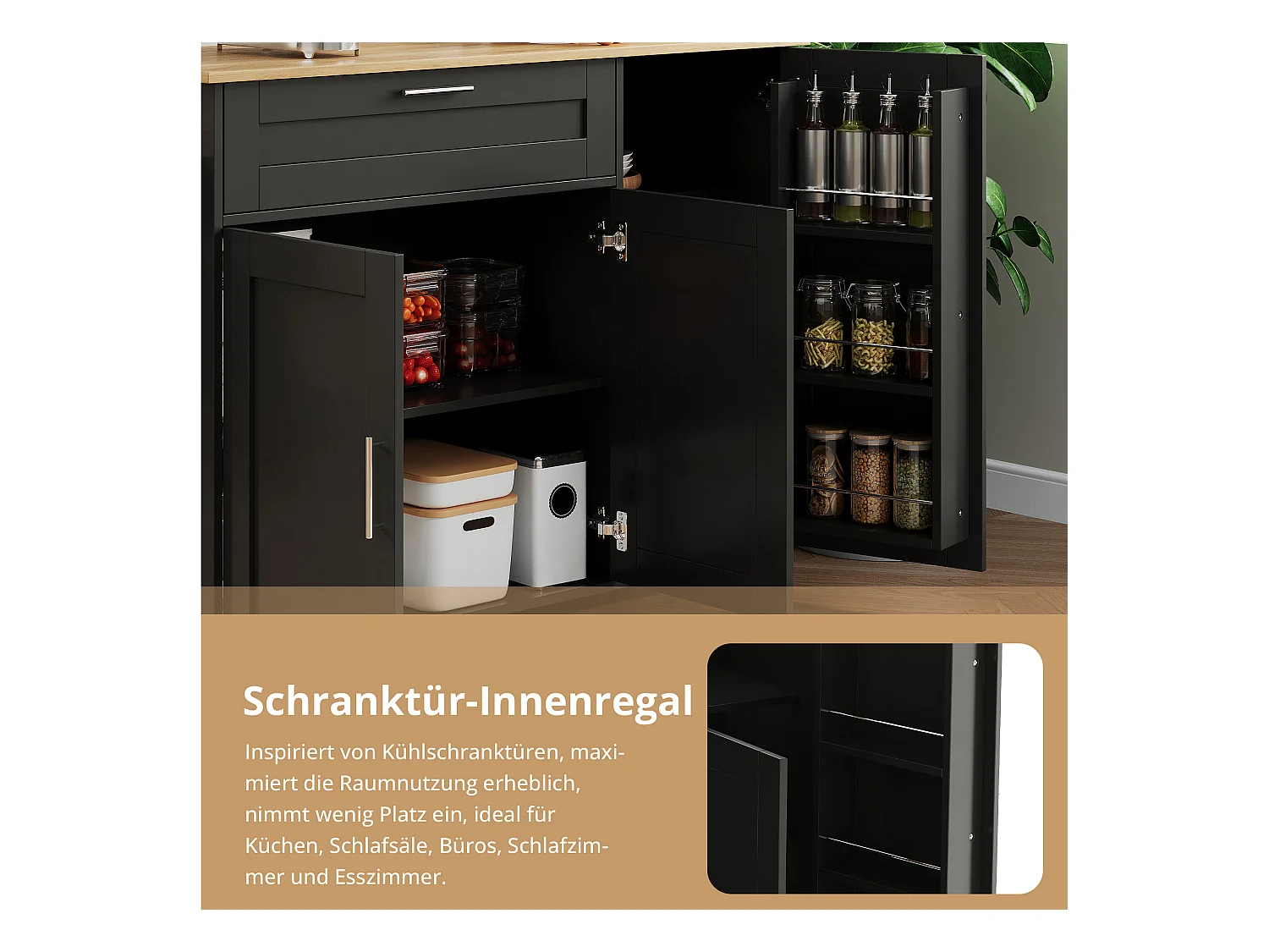 Îlot central mobile avec plan de travail pliable - 132.5 x 44 /70 x 90 cm - avec 3 portes + 1 tiroirs - MDF - noir + naturel