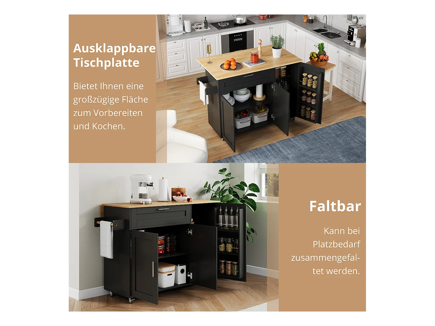 Îlot central mobile avec plan de travail pliable - 132.5 x 44 /70 x 90 cm - avec 3 portes + 1 tiroirs - MDF - noir + naturel