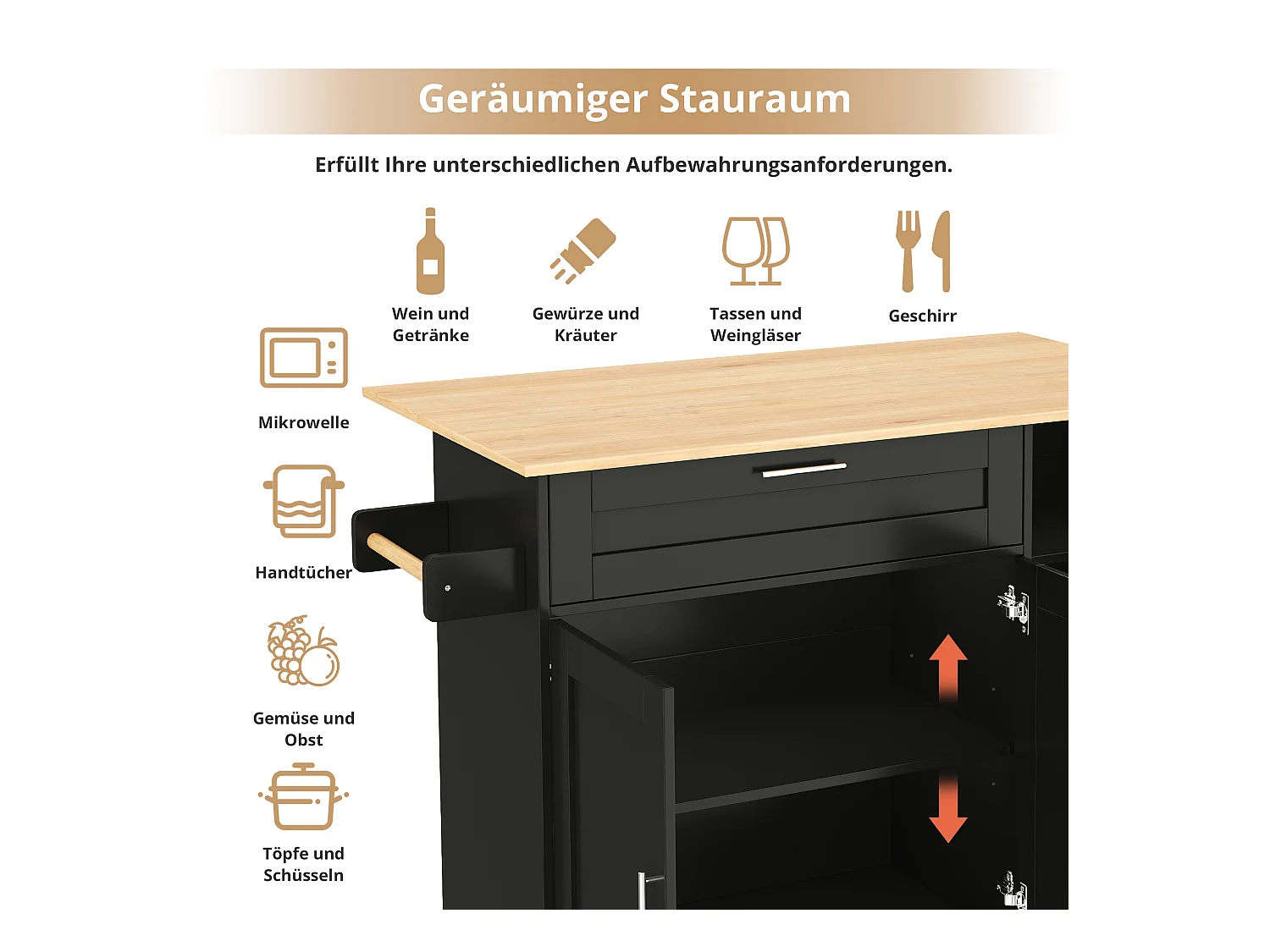 Îlot central mobile avec plan de travail pliable - 132.5 x 44 /70 x 90 cm - avec 3 portes + 1 tiroirs - MDF - noir + naturel