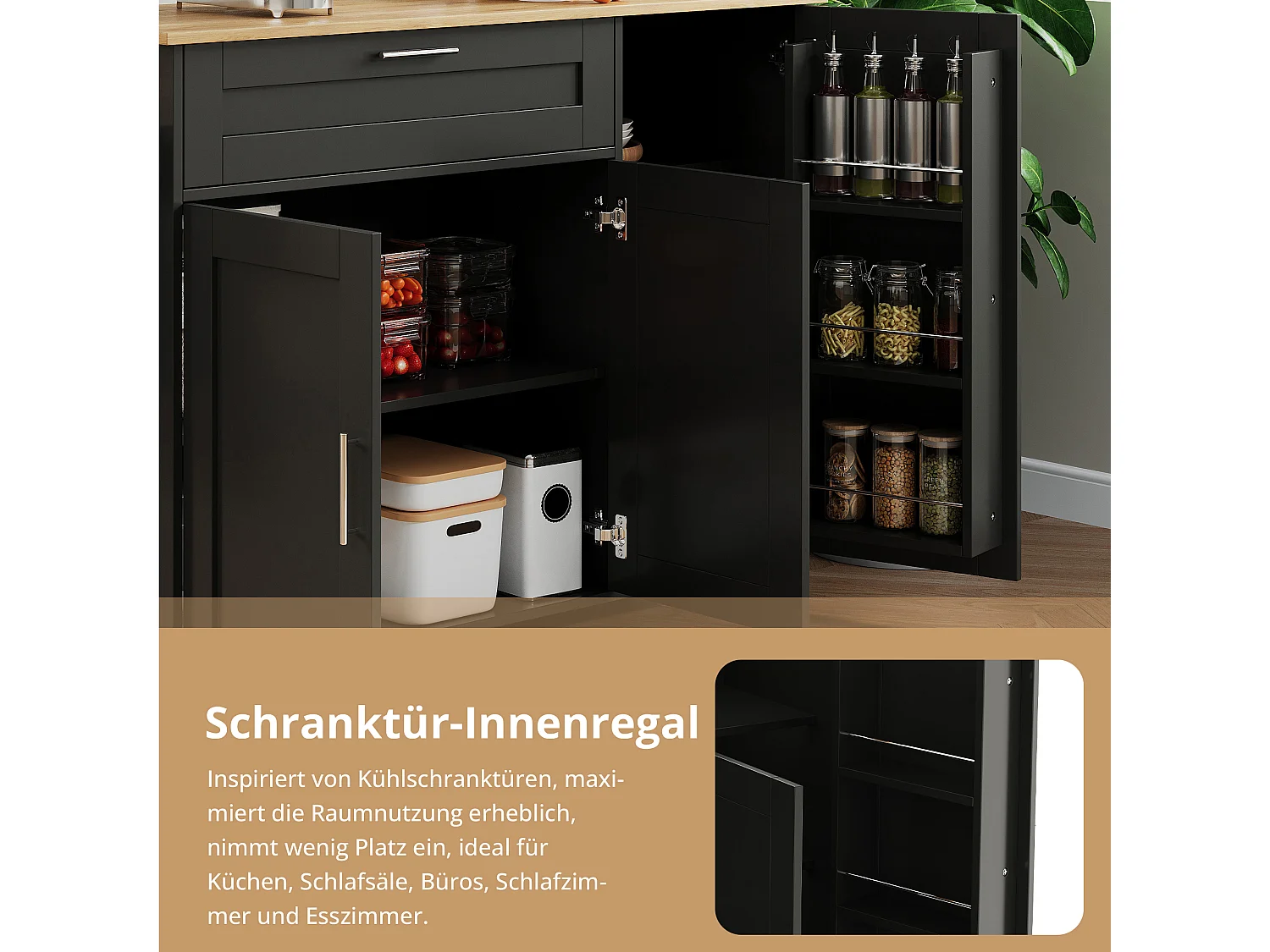 Îlot central mobile avec plan de travail pliable - 132.5 x 44 /70 x 90 cm - avec 3 portes + 1 tiroirs - MDF - noir + naturel